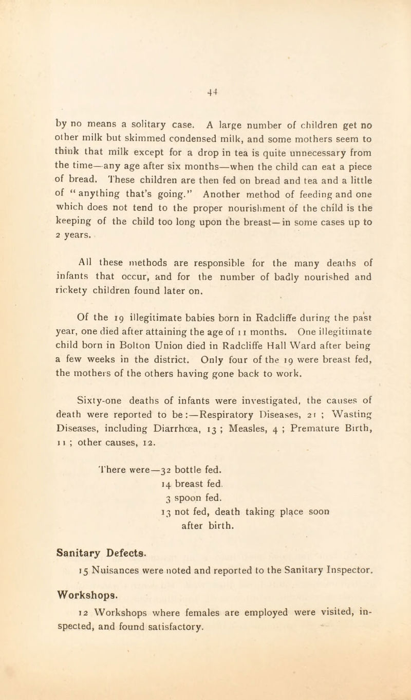 by no means a solitary case. A large number of children get no other milk but skimmed condensed milk, and some mothers seem to think that milk except for a drop in tea is quite unnecessary from the time—any age after six months—when the child can eat a piece of bread. 'I hese children are then fed on bread and tea and a little of “anything that’s going.” Another method of feeding and one which does not tend to the proper nourishment of the child is the keeping of the child too long upon the breast—in some cases up to 2 years. All these methods are responsible for the many deaths of infants that occur, and for the number of badly nourished and rickety children found later on. Of the 19 illegitimate babies born in Radcliffe during the past year, one died after attaining the age of 11 months. One illegitimate child born in Bolton Union died in Radcliffe Hall Ward after being a few weeks in the district. Only four of the 19 were breast fed, the mothers of the others having gone back to work. Sixty-one deaths of infants were investigated, the causes of death were reported to be:—Respiratory Diseases, at ; Wasting Diseases, including Diarrhoea, 13 ; Measles, 4 ; Premature Birth, 11 ; other causes, 12. 'I'here were—32 bottle fed. 14 breast fed. 3 spoon fed. 13 not fed, death taking place soon after birth. Sanitary Defects. 15 Nuisances were noted and reported to the Sanitary Inspector. Workshops. 12 Workshops where females are employed were visited, in¬ spected, and found satisfactory.