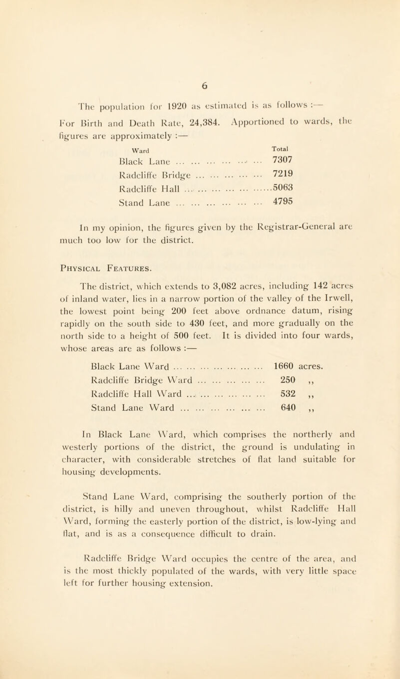 The population lor 1920 as estimated is as lollows : For Birth and Death Rate, 24,384. Apportioned to wards, the figures are approximately :— Ward Total Black Lane .• ••• 7307 Radcliffe Bridge . 7219 Radcliffe Hall .5063 Stand Lane . 4795 In my opinion, the figures given by the Registrar-General are much too low for the district. Physical Features. The district, which extends to 3,082 acres, including 142 acres of inland water, lies in a narrow portion of the valley of the Irwell, the lowest point being 200 feet above ordnance datum, rising rapidly on the south side to 430 feet, and more gradually on the north side to a height of 500 feet. It is divided into four wards, whose areas are as follows :— Black Lane Ward. 1660 acres. Radcliffe Bridge Ward . 250 ,, Radcliffe Hall Ward . 532 ,, Stand Lane Ward . 640 ,, In Black Lane Ward, which comprises the northerly and westerly portions of the district, the ground is undulating in character, with considerable stretches of fiat land suitable for housing developments. Stand Lane Ward, comprising the southerly portion of the district, is hilly and uneven throughout, whilst Radcliffe Hall Ward, forming the easterly portion of the district, is low-lying and fiat, and is as a consequence difficult to drain. Radcliffe Bridge Ward occupies the centre of the area, and is the most thickly populated of the wards, with very little space left tor further housing extension.