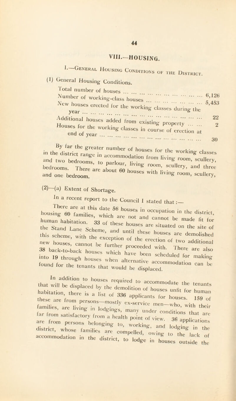 VIII—HOUSING. 1.-General Housing Conditions ok the District. (1) General Housing Conditions. J otal number of houses. Number of working-class houses. year5 ^ ll,e WOlkiclasses during the' Wdilionai houses added from existing property. . 30 it. theBdiitrrictthXa,,Umber 1 h0uses f°r “-.ring classes and two bedrooms «—*?«'»» *■» living room, scullery, bedrooms Thr^raCeOh ’^ r0O,,,• ad and one bedroom. “USeS w,th 1,v,nK room. scullery, (■^) (a) Extent of Shortage. In a recent report to the Council I stated that — ■man habitation. 33 of these houses are situated on the site o > Stand Lane Scheme, and until these houses are demolished this scheme, with the excention of ti, . uemonsned new houses cannot be further proceeded whh.°' TheVa^To found for the^nantri:1:^ d^,trmm0dati0n “ * in addition to houses rennir^ri that will be displaced by the demolition td houses unfit'for tab,ta,ion there is a list of 336 applicants for houses 59ol these are from persons—mostly ex xervi,. , fan,dies, are living in lodgings, many unde c-ondlti^s^hat'af far Iron, satisfactory from a health point of view 36 v ■ ate from persons belonging to, forking, and ,o*Z TZ d,strict, whose families are compelled, owing to fte* lack o accommodation in the district, ,0dge in houses o ts de t
