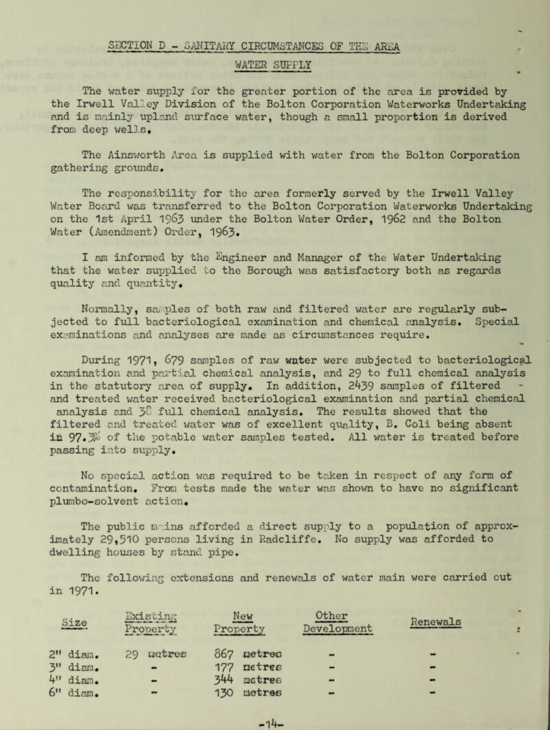 SECTION D - SANITARY CIRCUMSTANCES OF TEE AREA WATER SUPPLY The water supply for the greater portion of the area is provided by the Irwell Valley Division of the Bolton Corporation Waterworks Undertaking and is mainly upland surface water, though a small proportion is derived from deep wells. The Ainsworth Area is supplied with water from the Bolton Corporation gathering grounds. The responsibility for the area formerly served by the Irwell Valley Water Board was transferred to the Bolton Corporation Waterworks Undertaking on the 1st April 1963 under the Bolton Water Order, 1962 and the Bolton Water (Amendment) Order, 1963* I am informed by the Engineer and Manager of the Water Undertaking that the water supplied to the Borough was satisfactory both as regards quality and quantity. Normally, samples of both raw and filtered water are regularly sub¬ jected to full bacteriological examination and chemical analysis. Special examinations and analyses are made as circumstances require. During 1971j 679 samples of raw water were subjected to bacteriological examination and partial chemical analysis, and 29 to full chemical analysis in the statutory area of supply. In addition, 2439 samples of filtered and treated water received bacteriological examination and partial chemical analysis and 3o full chemical analysis. The results showed that the filtered and treated water was of excellent quality, B. Coli being absent in 97 of the potable water samples tested. All water is treated before passing into supply. No special action was required to be taken in respect of any form of contamination. From tests made the water was shown to have no significant plumbo-solvent action. The public mains afforded a direct supply to a population of approx¬ imately 29,510 persons living in Radcliffe. No supply was afforded to dwelling houses by stand pipe. The following extensions and renewals of water main were carried out in 1971. Si 7.e Existing New Other Renewals Property Property Development 2” diarn. 29 metres 867 metres — — 3 diara. - 177 metres — - 4 diam. - 344 metres - - 6 diam. - 130 metres - - -14-