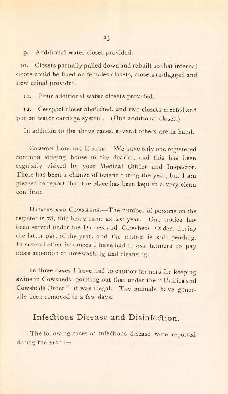 g. Additional water closet provided. io. Closets partially pulled down and rebuilt so that internal doors could be fixed on females closets, closets re-flagged and new urinal provided. 11. Four additional water closets provided. 12. Cesspool closet abolished, and two closets erected and put on water carriage system. (One additional closet.) In addition to the above cases, several others are in hand. Common Lodging House.—We have only one registered common lodging house in the district, and this has been regularly visited by your Medical Officer and Inspector. There has been a change of tenant during the year, but I am pleased to report that the place has been kept in a very clean condition. Dairies and Cowsheds.—The number of persons on the register is 78, this being same as last year. One notice has been served under the Dairies and Cowsheds Order, during the latter part of the year, and the matter is still pending. In several other instances I have had to ask farmers to pay more attention to limewashing and cleansing. In three cases I have had to caution farmers for keeping swine in Cowsheds, pointing out that under the “ Dairies and Cowsheds Order ” it was illegal. The animals have gener¬ ally been removed in a few days. Infecftious Disease and Disinfection. The following cases of infecftious disease were reported during the year : —