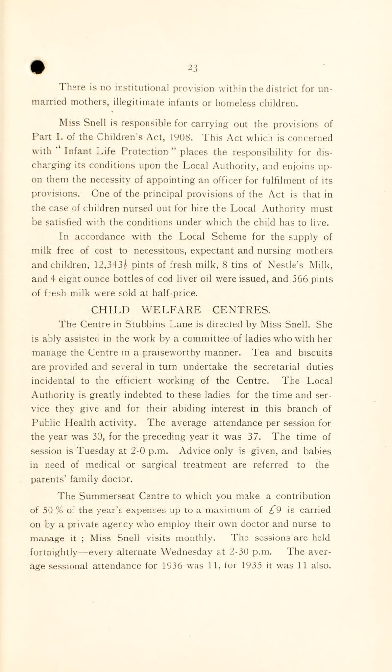 I here is no institutional provision within the district for un¬ married mothers, illegitimate infants or homeless children. Miss Snell is responsible for carrying out the provisions of Part I. of the Children’s Act, 1908. This Act which is concerned with Infant Life Protection ” places the responsibility for dis¬ charging its conditions upon the Local Authority, and enjoins up¬ on them the necessity of appointing an officer for fulfilment of its provisions. One of the principal provisions of the Act is that in the case of children nursed out for hire the Local Authority must be satisfied with the conditions under which the child has to live. In accordance with the Local Scheme for the supply of milk free of cost to necessitous, expectant and nursing mothers and children, 12,3+3i pints of fresh milk, 8 tins of Nestle’s Milk, and 4 eight ounce bottles of cod liver oil were issued, and 566 pints of fresh milk were sold at half-price. CHILD WELFARE CENTRES. The Centre in Stubbins Lane is directed by Miss Snell. She is ably assisted in the work by a committee of ladies who with her manage the Centre in a praiseworthy manner. Tea and biscuits are provided and several in turn undertake the secretarial duties incidental to the efficient working of the Centre. The Local Authority is greatly indebted to these ladies for the time and ser¬ vice they give and for their abiding interest in this branch of Public Health activity. The average attendance per session for the year was 30, for the preceding year it was 37. The time of session is Tuesday at 2-0 p.m. Advice only is given, and babies in need of medical or surgical treatment are referred to the parents’ family doctor. The Summerseat Centre to which you make a contribution of 50 % of the year’s expenses up to a maximum of £9 is carried on by a private agency who employ their own doctor and nurse to manage it ; Miss Snell visits monthly. The sessions are held fortnightly—every alternate Wednesday at 2-30 p.m. The aver¬