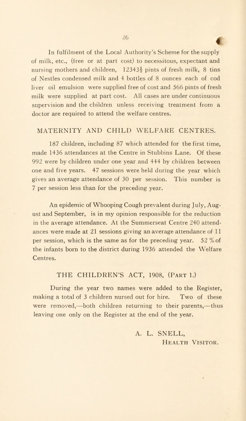 In fulfilment of the Local Authority’s Scheme for the supply of milk, etc., (free or at part cost) to necessitous, expectant and nursing mothers and children, 12343J pints of fresh milk, 8 tins of Nestles condensed milk and 4 bottles of 8 ounces each of cod liver oil emulsion were supplied free of cost and 566 pints of fresh milk were supplied at part cost. All cases are under continuous supervision and the children unless receiving treatment from a doctor are required to attend the welfare centres. MATERNITY AND CHILD WELFARE CENTRES. 187 children, including 87 which attended for the first time, made 1436 attendances at the Centre in Stubbins Lane. Of these 992 were by children under one year and 444 by children between one and five years. 47 sessions were held during the year which gives an average attendance of 30 per session. This number is 7 per session less than for the preceding year. An epidemic of Whooping Cough prevalent during J uly, Aug¬ ust and September, is in my opinion responsible for the reduction in the average attendance. At the Summerseat Centre 240 attend¬ ances were made at 21 sessions giving an average attendance of 11 per session, which is the same as for the preceding year. 52 %of the infants born to the district during 1936 attended the Welfare Centres. THE CHILDREN’S ACT, 1908, (Part 1.) During the year two names were added to the Register, making a total of 3 children nursed out for hire. Two of these were removed,—both children returning to their parents,—thus leaving one only on the Register at the end of the year. A. L. SNELL, Health Visitor.