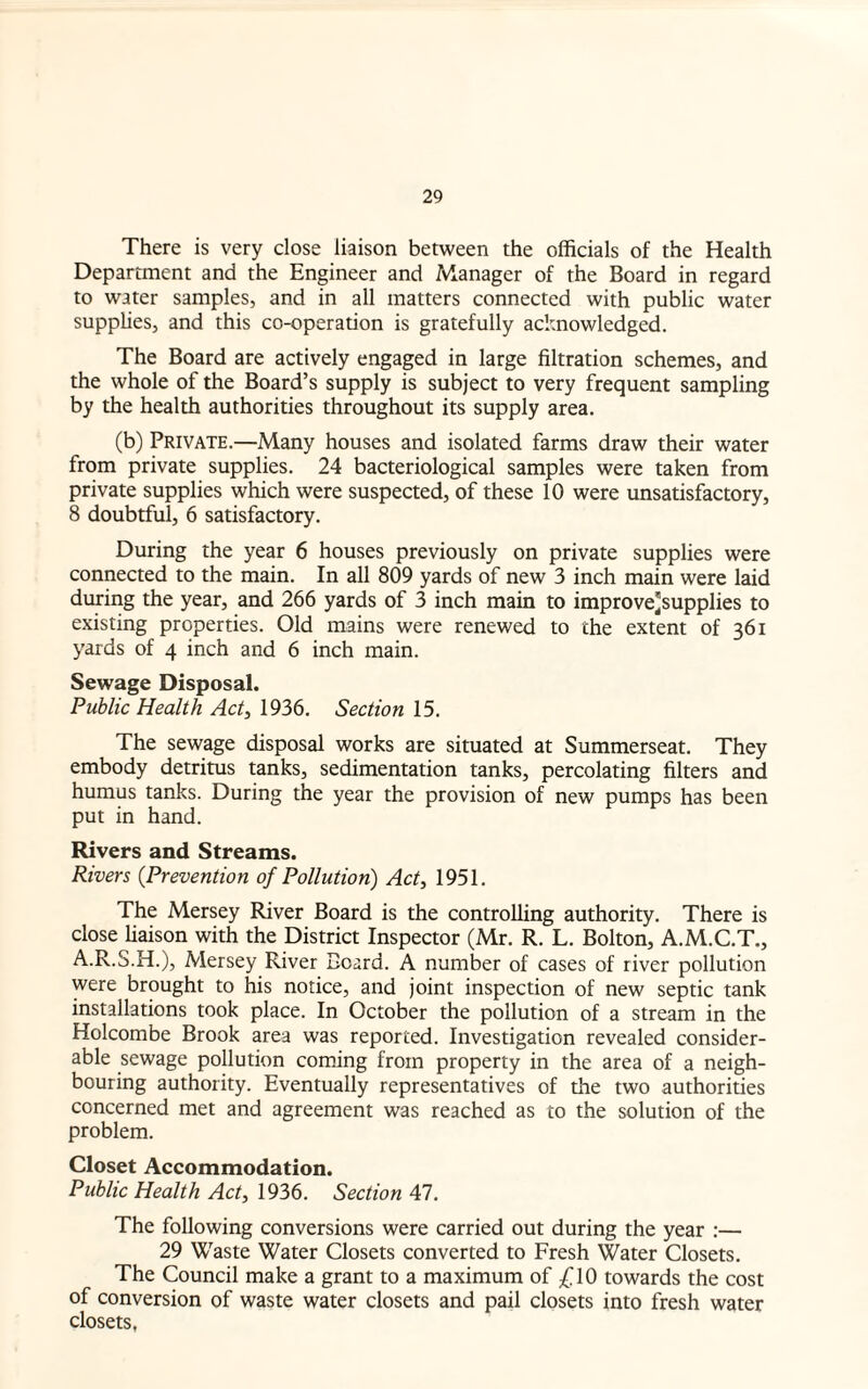 There is very close liaison between the officials of the Health Department and the Engineer and Manager of the Board in regard to water samples, and in all matters connected with public water supplies, and this co-operation is gratefully acknowledged. The Board are actively engaged in large filtration schemes, and the whole of the Board’s supply is subject to very frequent sampling by the health authorities throughout its supply area. (b) Private.—Many houses and isolated farms draw their water from private supplies. 24 bacteriological samples were taken from private supplies which were suspected, of these 10 were unsatisfactory, 8 doubtful, 6 satisfactory. During the year 6 houses previously on private supplies were connected to the main. In all 809 yards of new 3 inch main were laid during the year, and 266 yards of 3 inch main to improve'supplies to existing properties. Old mains were renewed to the extent of 361 yards of 4 inch and 6 inch main. Sewage Disposal. Public Health Act, 1936. Section 15. The sewage disposal works are situated at Summerseat. They embody detritus tanks, sedimentation tanks, percolating filters and humus tanks. During the year the provision of new pumps has been put in hand. Rivers and Streams. Rivers (Prevention of Pollution) Act, 1951. The Mersey River Board is the controlling authority. There is close liaison with the District Inspector (Mr. R. L. Bolton, A.M.C.T., A.R.S.H.), Mersey River Board. A number of cases of river pollution were brought to his notice, and joint inspection of new septic tank installations took place. In October the pollution of a stream in the Holcombe Brook area was reported. Investigation revealed consider¬ able sewage pollution coming from property in the area of a neigh¬ bouring authority. Eventually representatives of the two authorities concerned met and agreement was reached as to the solution of the problem. Closet Accommodation. Public Health Act, 1936. Section 47. The following conversions were carried out during the year :— 29 Waste Water Closets converted to Fresh Water Closets. The Council make a grant to a maximum of £10 towards the cost of conversion of waste water closets and pail closets into fresh water closets,