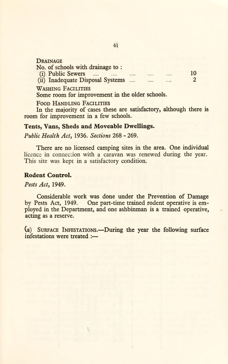 Drainage No. of schools with drainage to : (i) Public Sewers . 10 (ii) Inadequate Disposal Systems . 2 Washing Facilities Some room for improvement in the older schools. Food Handling Facilities In the majority of cases these are satisfactory, although there is room for improvement in a few schools. Tents, Vans, Sheds and Moveable Dwellings. Public Health Act, 1936. Sections 268 - 269. There are no licensed camping sites in the area. One individual licence in connection with a caravan was renewed during the year. This site was kept in a satisfactory condition. Rodent Control. Pests Act, 1949. Considerable work was done under the Prevention of Damage by Pests Act, 1949. One part-time trained rodent operative is em¬ ployed in the Department, and one ashbinman is a trained operative, acting as a reserve. (a) Surface Infestations.—During the year the following surface infestations were treated :—