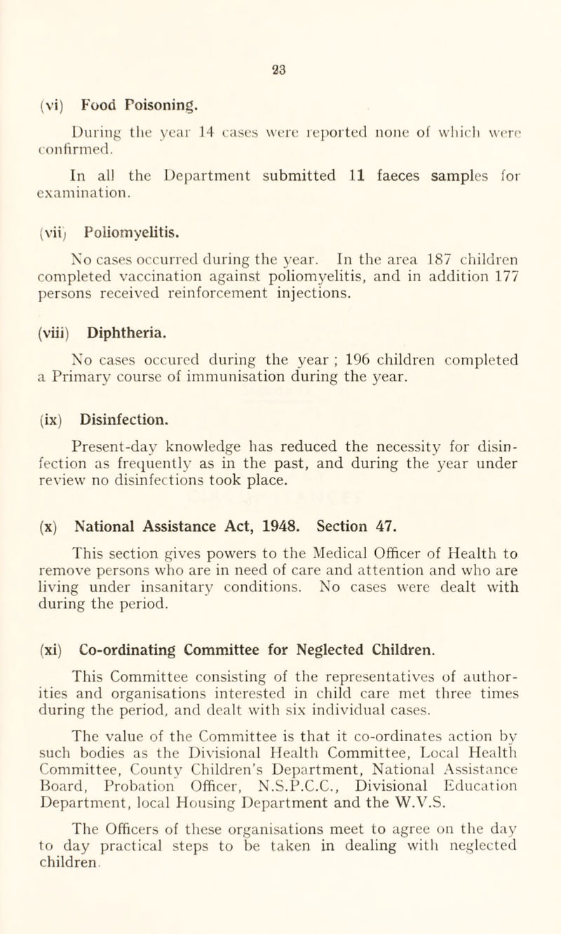 (vi) Food Poisoning. During the year 14 cases were reported none of which were confirmed. In all the Department submitted 11 faeces samples for examination. (vii) Poliomyelitis. No cases occurred during the year. In the area 187 children completed vaccination against poliomyelitis, and in addition 177 persons received reinforcement injections. (viii) Diphtheria. No cases occured during the year ; 196 children completed a Primary course of immunisation during the year. (ix) Disinfection. Present-day knowledge has reduced the necessity for disin¬ fection as frequently as in the past, and during the year under review no disinfections took place. (x) National Assistance Act, 1948. Section 47. This section gives powers to the Medical Officer of Health to remove persons who are in need of care and attention and who are living under insanitary conditions. No cases were dealt with during the period. (xi) Co-ordinating Committee for Neglected Children. This Committee consisting of the representatives of author¬ ities and organisations interested in child care met three times during the period, and dealt with six individual cases. The value of the Committee is that it co-ordinates action by such bodies as the Divisional Health Committee, Local Health Committee, County Children’s Department, National Assistance Board, Probation Officer, N.S.P.C.C., Divisional Education Department, local Housing Department and the W.V.S. The Officers of these organisations meet to agree on the day to day practical steps to be taken in dealing with neglected children