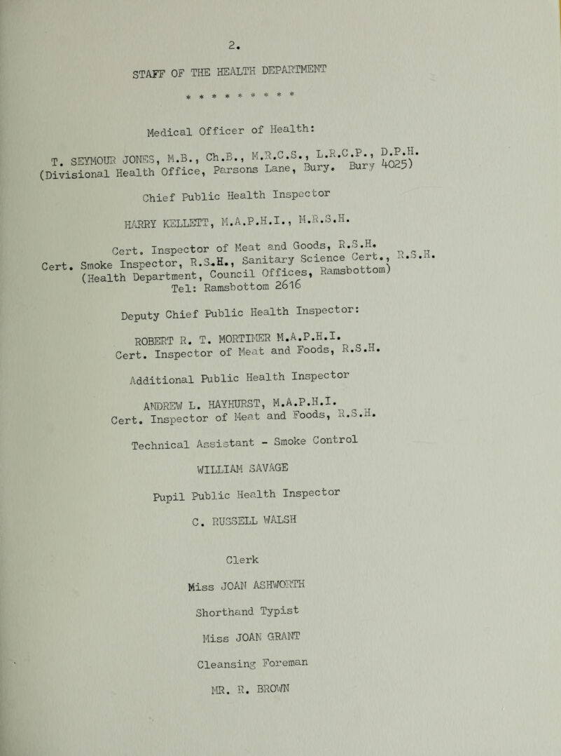 STAFF OF THE HEALTH DEPARTMENT ********* Medical Officer of Health: T SEYMOUR JONES, M.B., Ch.B., M.R.C.S., L.R.C.P., (Divisional Health Office, Parsons Lane, Bury. Bury (Thief Public Health Inspector D.P.H. 4025) HARRY KELLETT, M.A.P.H.I., M.R.3.H. Cert. Inspector of Meat and Goods, R-S.H. _ „ „ Cert Smoke Inspector, R.S.H., Sanitary Science Cert., R-. (Health Department, Council Offices, Ramsbottom) • Ramsbottom 2616 Deputy Chief Public Health Inspector: ROBERT R. T. MORTIMER M.A.P.H.I. Cert. Inspector of Meat and Foods, R.S.H Additional Public Health Inspector ANDREW L. HAYHURST, M.A.P.H.l. Cert. Inspector of Meat and Foods, R.a.ri. Technical Assistant - Smoke Control WILLIAM SAVAGE Pupil Public Health Inspector C. RUSSELL WALSH Clerk Miss JOAN ASHWORTH Shorthand Typist Miss JOAN GRANT Cleansing Foreman MR. R. BROWN