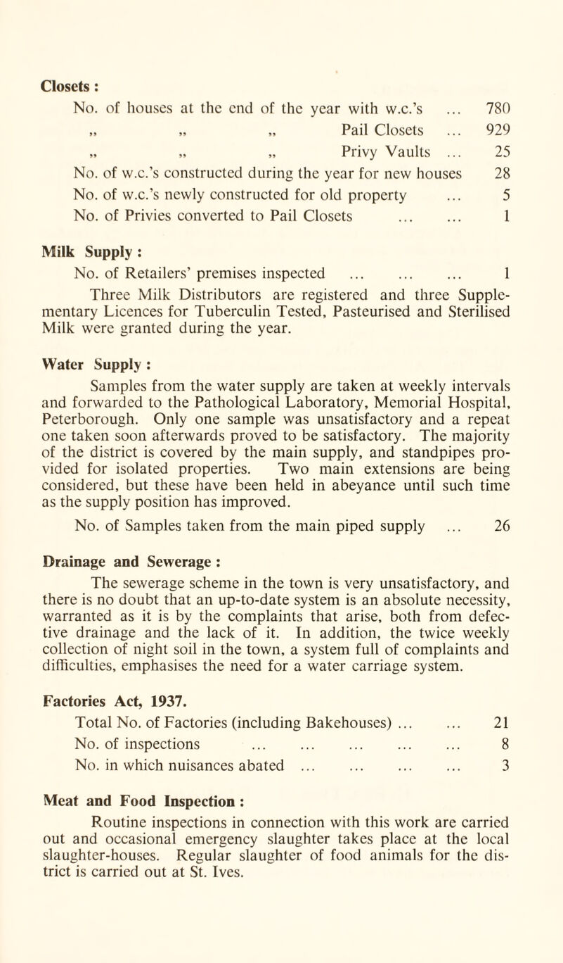 Closets: No. of houses at the end of the year with w.c.’s ... 780 „ „ „ Pail Closets ... 929 „ „ „ Privy Vaults ... 25 No. of w.c.’s constructed during the year for new houses 28 No. of w.c.’s newly constructed for old property ... 5 No. of Privies converted to Pail Closets . 1 Milk Supply : No. of Retailers’ premises inspected ... ... ... 1 Three Milk Distributors are registered and three Supple¬ mentary Licences for Tuberculin Tested, Pasteurised and Sterilised Milk were granted during the year. Water Supply : Samples from the water supply are taken at weekly intervals and forwarded to the Pathological Laboratory, Memorial Hospital, Peterborough. Only one sample was unsatisfactory and a repeat one taken soon afterwards proved to be satisfactory. The majority of the district is covered by the main supply, and standpipes pro¬ vided for isolated properties. Two main extensions are being considered, but these have been held in abeyance until such time as the supply position has improved. No. of Samples taken from the main piped supply ... 26 Drainage and Sewerage : The sewerage scheme in the town is very unsatisfactory, and there is no doubt that an up-to-date system is an absolute necessity, warranted as it is by the complaints that arise, both from defec¬ tive drainage and the lack of it. In addition, the twice weekly collection of night soil in the town, a system full of complaints and difficulties, emphasises the need for a water carriage system. Factories Act, 1937. Total No. of Factories (including Bakehouses). 21 No. of inspections ... ... ... ... ... 8 No. in which nuisances abated ... . 3 Meat and Food Inspection : Routine inspections in connection with this work are carried out and occasional emergency slaughter takes place at the local slaughter-houses. Regular slaughter of food animals for the dis¬ trict is carried out at St. Ives.