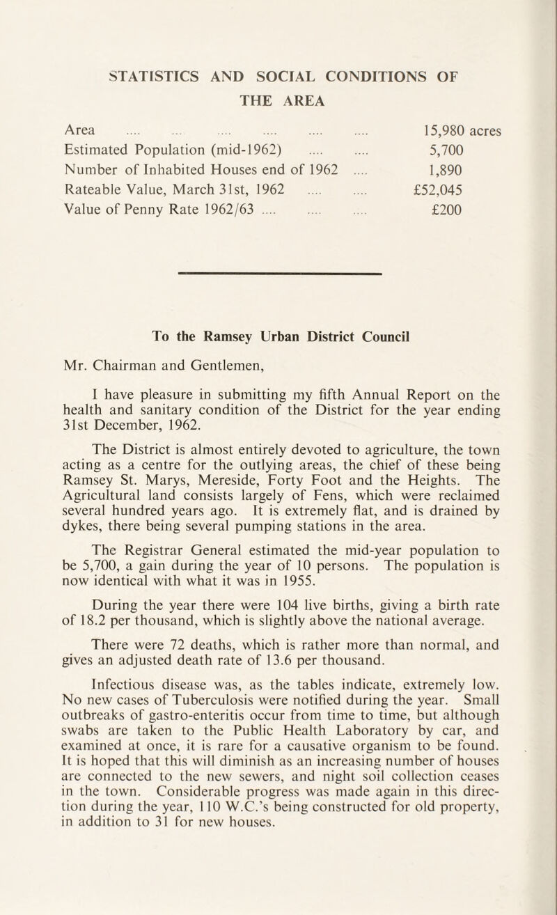 STATISTICS AND SOCIAL CONDITIONS OF THE AREA Area . . Estimated Population (mid-1962) Number of Inhabited Houses end of 1962 Rateable Value, March 31st, 1962 Value of Penny Rate 1962/63 . 5,700 1,890 £52,045 £200 15,980 acres To the Ramsey Urban District Council Mr. Chairman and Gentlemen, I have pleasure in submitting my fifth Annual Report on the health and sanitary condition of the District for the year ending 31st December, 1962. The District is almost entirely devoted to agriculture, the town acting as a centre for the outlying areas, the chief of these being Ramsey St. Marys, Mereside, Forty Foot and the Heights. The Agricultural land consists largely of Fens, which were reclaimed several hundred years ago. It is extremely flat, and is drained by dykes, there being several pumping stations in the area. The Registrar General estimated the mid-year population to be 5,700, a gain during the year of 10 persons. The population is now identical with what it was in 1955. During the year there were 104 live births, giving a birth rate of 18.2 per thousand, which is slightly above the national average. There were 72 deaths, which is rather more than normal, and gives an adjusted death rate of 13.6 per thousand. Infectious disease was, as the tables indicate, extremely low. No new cases of Tuberculosis were notified during the year. Small outbreaks of gastro-enteritis occur from time to time, but although swabs are taken to the Public Health Laboratory by car, and examined at once, it is rare for a causative organism to be found. It is hoped that this will diminish as an increasing number of houses are connected to the new sewers, and night soil collection ceases in the town. Considerable progress was made again in this direc¬ tion during the year, 110 W.C.’s being constructed for old property, in addition to 31 for new houses.