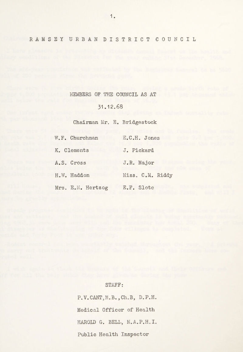 1 RAMSEY URBAN DISTRICT COUNCIL MEMBERS OF THE COUNCIL AS AT 31.12.68 Chairman Mr. E. Bridgestock W. F. Churchman E.C.H. Jones K. Clements J. Pickard A.S. Cross J.R, Major H.W. Haddon Miss. C.M. Riddy Mrs. E.M. Hertzog E.F. Slote STAFF: P.V.CANT,M.B.,Ch.B, D.P.H. Medical Officer of Health HAROLD G. BELL, M.A.P.H.I. Public Health Inspector