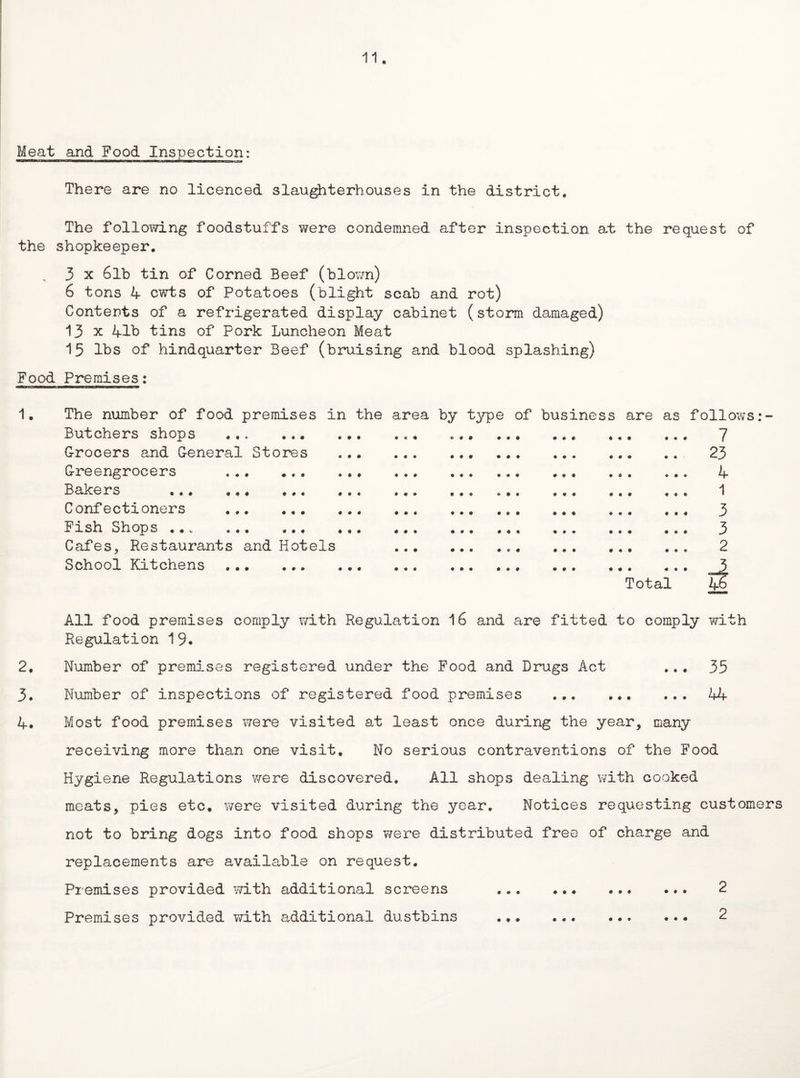 Meat and Food Inspection: There are no licenced slaughterhouses in the district. The following foodstuffs were condemned after inspection at the request of the shopkeeper. 3 x 6lb tin of Corned Beef (blown) 6 tons 4 cwts of Potatoes (blight scab and rot) Contents of a refrigerated display cabinet (storm damaged) 13 x 41b tins of Pork Luncheon Meat 15 lbs of hindquarter Beef (bruising and blood splashing) Food Premises: m-i ———c——i 1. The number of food premises in the area by type of business are as follows Butchers shops ... ... Grocers and General Stores Greengrocers .. Bakers ... ... ... Confectioners . Fish Shops ... ... ... Cafes, Restaurants and Hotels School Kitchens . Total 7 23 4 1 3 3 2 46 All food premises comply with Regulation 16 and are fitted to comply with Regulation 19. 2. Number of premises registered under the Food and Drugs Act ... 35 3. Number of inspections of registered food premises ..44 4. Most food premises were visited at least once during the year, many receiving more than one visit. No serious contraventions of the Food Hygiene Regulations were discovered. All shops dealing with cooked meats, pies etc. were visited during the year. Notices requesting customers not to bring dogs into food shops were distributed free of charge and replacements are available on request. Premises provided with additional screens . 2 Premises provided with additional dustbins ... 2