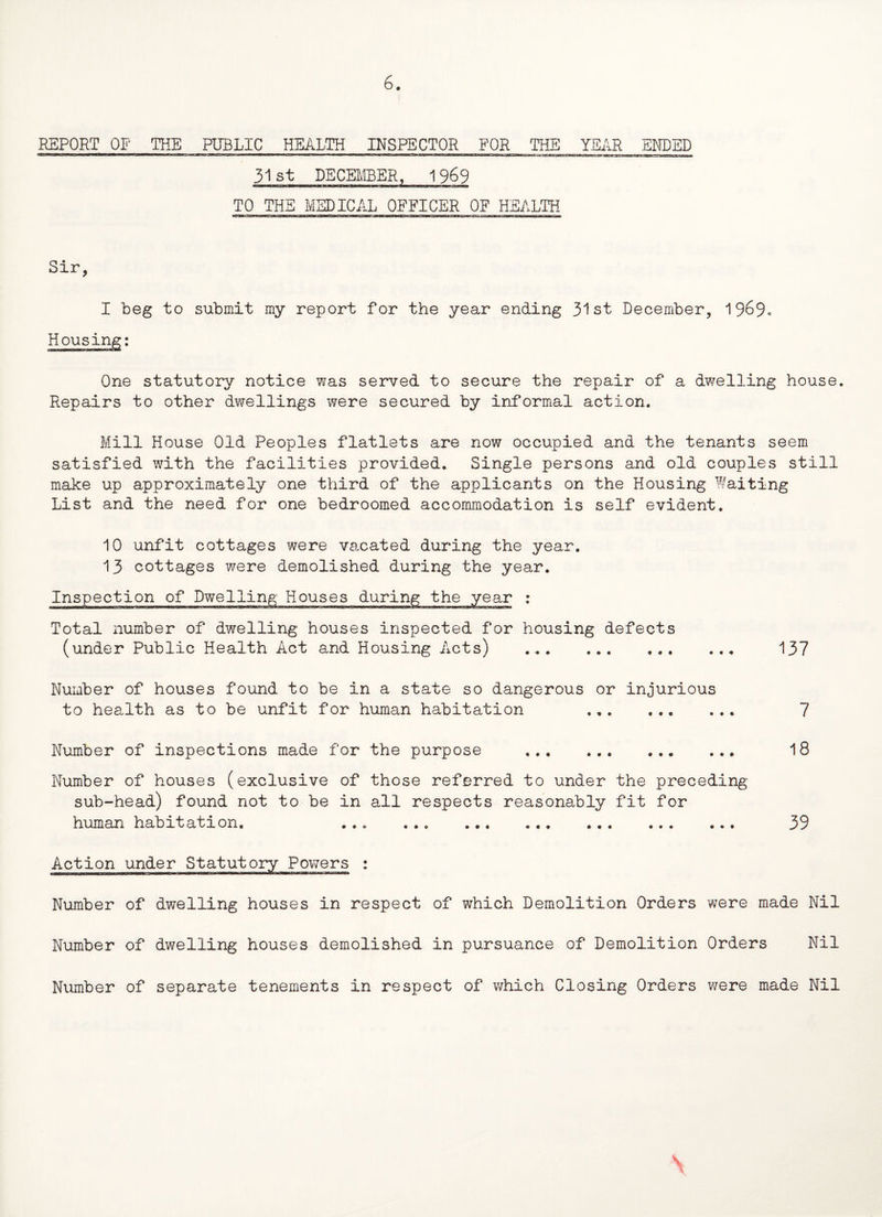 6. REPORT OF THE PUBLIC HEALTH INSPECTOR FOR THE YEAR ENDED 31st DECEMBER, 1969 TO THE MEDICAL OFFICER OF HEALTH Sir I beg to submit my report for the year ending 31st December, 1969. One statutory notice was served to secure the repair of a dwelling house. Repairs to other dwellings were secured by informal action. Mill House Old Peoples flatlets are now occupied and the tenants seem satisfied with the facilities provided. Single persons and old couples still make up approximately one third of the applicants on the Housing Waiting List and the need for one bedroomed accommodation is self evident. 10 unfit cottages were vacated during the year. 13 cottages were demolished during the year. Inspection of during the year Total number of dwelling houses inspected for housing defects (under Public Health Act and Housing Acts) 137 Number of houses found to be in a state so dangerous or injurious to health as to be unfit for human habitation ... ... ... 7 Number of inspections made for the purpose . 18 Number of houses (exclusive of those referred to under the preceding sub-head) found not to be in all respects reasonably fit for human habitation, ... ... . 39 Action under Statutory Powers : Number of dwelling houses in respect of Number of dwelling houses demolished in Number of separate tenements in respect which Demolition Orders were made Nil pursuance of Demolition Orders Nil of which Closing Orders were made Nil