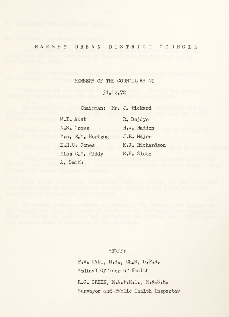 RAMSEY URBAN DISTRICT COUNCIL MEMBERS OF THE COUNCIL AS AT 31 el 2.72 Chairman: W.I. Akst A,S. Cross Mrs. E.M. Hertzog E.H.C. Jones Miss C#M. Riddy A. Smith Mr* J# Pickard R. Bojdys H*U* Haddon J.R* Major K*J. Ricliardson E*F. Slot© STAFF: P.V. CANT, M*B*, Ch.B, D.P.H* Medical Officer of Health R.C. GREEN, M.A.P.HHU, M.R.S.H* Surveyor and -Public Health Inspector