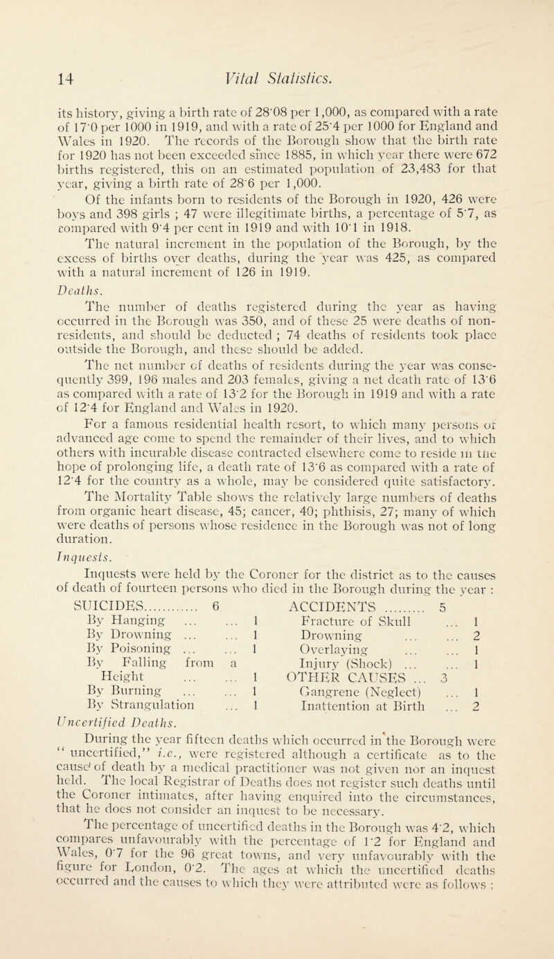 its history, giving a birth rate of 28'08 per 1,000, as compared with a rate of 17 0 per 1000 in 1919, and with a rate of 25'4 per 1000 for England and Wales in 1920. The records of the Borough show that the birth rate for 1920 has not been exceeded since 1885, in which year there were 672 births registered, this on an estimated population of 23,483 for that year, giving a birth rate of 28'6 per 1,000. Of the infants born to residents of the Borough in 1920, 426 were boys and 398 girls ; 47 were illegitimate births, a percentage of 5’7, as compared with 9'4 per cent in 1919 and with 10'1 in 1918. The natural increment in the population of the Borough, by the excess of births over deaths, during the year was 425, as compared with a natural increment of 126 in 1919. Deaths. The number of deaths registered during the year as having occurred in the Borough was 350, and of these 25 were deaths of non¬ residents, and should be deducted ; 74 deaths of residents took place outside the Borough, and these should be added. The net number of deaths of residents during the year was conse¬ quently 399, 196 males and 203 females, giving a net death rate of 13'6 as compared with a rate of 13*2 for the Borough in 1919 and with a rate of 12'4 for England and Wales in 1920. For a famous residential health resort, to wdiich many persons of advanced age come to spend the remainder of their lives, and to which others with incurable disease contracted elsewhere come to reside in tire hope of prolonging life, a death rate of 13'6 as compared with a rate of 12'4 for the country as a whole, may be considered quite satisfactory. The Mortality Table shows the relatively large numbers of deaths from organic heart disease, 45; cancer, 40; phthisis, 27; many of which w^ere deaths of persons whose residence in the Borough was not of long duration. Inquests. Inquests were held by the Coroner for the district as to the causes of deatli of fourteen persons who died in the Borough during the year : SUICIDES. 6 ACCIDENTS . 5 By Hanging . 1 Fracture of Skull ... 1 By Drowming ... ... 1 Drowning 2 By Poisoning ... ... 1 Overlaying . 1 By Falling from a Injury (Shock) . 1 Height . 1 OTHER CAUSES ... 3 By Burning . 1 Gangrene (Neglect) ... 1 By Strangulation ... 1 Inattention at Birth ... 2 Uncertified Deaths. During the year fifteen deaths which occurred in the Borough were “ uncertified,” i.e., were registered although a certificate as to the cause1 of death by a medical practitioner was not given nor an inquest held. The local Registrar of Deaths does not register such deaths until the Coroner intimates, after having enquired into the circumstances, that he does not consider an inquest to be necessary. The percentage of uncertified deaths in the Borough was 4'2, which compares unfavourably with the percentage of 1'2 for England and Wales, 0 7 for the 96 great towns, and very unfavourably with the figure for London, 0'2. The ages at which the uncertified deaths occurred and the causes to which they were attributed were as follow7s ;