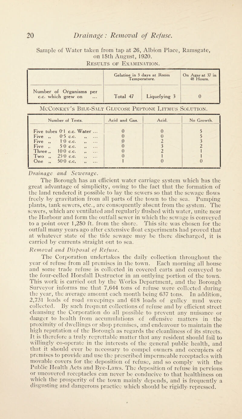 Sample of Water taken from tap at 26, Albion Place, Ramsgate, on 15th August, 1920. Results of Examination. Gelatine in 3 days at Room Temperature. On Agar at 37 in 48 Hours. Number of Organisms per c.c. which grew on Total 47 Liquefying 3 0 McConkey's Biue-Sau't Glucose Peptone Litmus Solution. Number of Tests. Acid and Gas. Acid. No Growth, Five tubes 0’1 c.c. Water ... 0 0 5 Five „ 0‘5 c.c. * 9 • • • 0 0 5 Five ,, 1 0 c.c. 99 ... 0 2 3 Five 5 0 c.c. 99 • • • 0 3 2 Three ,, 10 0 c.c. 99 • • * 0 2 1 Two ,, 25ff c.c. 9 9 • • * 0 1 1 One ,, 50'0 c.c. 9 9 • • • 1 0 0 Drainage and Sewerage. The Borough has an efficient water carriage system which has the great advantage of simplicity, owing to the fact that the formation of the land rendered it possible to lay the sewers so that the sewage flows freely by gravitation from all parts of the town to the sea. Pumping plants, tank sewers, etc., are consequently absent from the system. The sewers, which are ventilated and regularly flushed with water, unite near the Harbour and form the outfall sewer in which the sewage is conveyed to a point over 1,250 ft. from the shore. This site was chosen for the outfall many years ago after extensive float experiments had proved that at whatever state of the tide sewage may be there discharged, it is carried by currents straight out to sea. Removal and Disposal of Refuse. The Corporation undertakes the daily collection throughout the year of refuse from all premises in the town. Each morning all house and some trade refuse is collected in covered carts and conveyed to the four-celled Horsfall Destructor in an outlying portion of the town. This work is carried out by the Works Department, and the Borough Surveyor informs me that 7,644 tons of refuse were collected during the year, the average amount each month being 637 tons. In addition, 2,731 loads of road sweepings and 618 loads of gulley mud were collected. By such frequent collections of refuse and by efficient street cleansing the Corporation do all possible to prevent any nuisance or danger to health from accumulations of offensive matters in the proximity of dwellings or shop premises, and endeavour to maintain the high reputation of the Borough as regards the cleanliness of its streets. It is therefore a truly regrettable matter that any resident should fail to willingly co-operate in the interests of the general public health, and that it should ever be necessary to compel owners and occupiers of premises to provide and use the prescribed impermeable receptacles with movable covers for the deposition of refuse, and so comply with the Public Health Acts and Bye-Laws. The deposition of refuse in pervious or uncovered receptacles can never be conducive to that healthiness on which the prosperity of the town mainly depends, and is frequently a disgusting and dangerous practice which should be rigidly repressed.