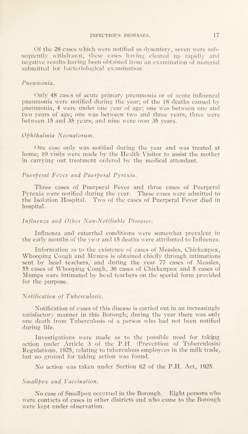 Of the 28 cases which were notified as dysentery, seven were sub¬ sequently withdrawn, these cases having cleared up rapidly and negative results having been obtained from an examination of material submitted for bacteriological examination. Pneumonia. Only 48 cases of acute primary pneumonia or of acute influenzal pneumonia v7ere notified during the year; of the 18 deaths caused by pneumonia, 4 wTere under one year of age; one was between one and twTo years of age; one was between two and three years; three v7ere between 15 and 35 years; and nine were over 35 years. Ophthalmia Neonatorum. One case only was notified during the year and was treated at home; 10 visits were made by the Health Visitor to assist the mother in carrying out treatment ordered by the medical attendant. Puerperal Fever and Puerperal Pyrexia. Three cases of Puerperal Fever and three cases of Puerperal P}Trexia were notified during the year. These cases were admitted to the Isolation Hospital. Twto of the cases of Puerperal Fever died in hospital. Influenza and Other Non-Notiftable Diseases. Influenza and catarrhal conditions were somewhat prevalent in the early months of the year and 15 deaths were attributed to Influenza. Information as to the existence of cases of Measles, Chickenpox, Whooping Cough and Mumps is obtained chiefly through intimations sent by head teachers, and during the year 77 cases of Measles, 55 cases of Whooping Cough, 36 cases of Chickenpox and 5 cases of Mumps w7ere intimated by head teachers on the special form provided for the purpose. Notification of Tuberculosis. Notification of cases of this disease is carried out in an increasingly satisfactory manner in this Borough; during the year there was only one death from Tuberculosis of a person who> had not been notified during life. Investigations were made as to the possible need for taki'pg action under Article 3 of the P.H. (Prevention of Tuberculosis) Regulations, 1925, relating to tuberculous employees in the milk trade, but no ground for taking action was found. No action was taken under Section 62 of the P.H. Act, 1925. Smallpox and Vaccination. No case of Smallpox occurred in the Borough. Eight persons who were contacts of cases in other districts and who came to the Borough wrere kept under observation.