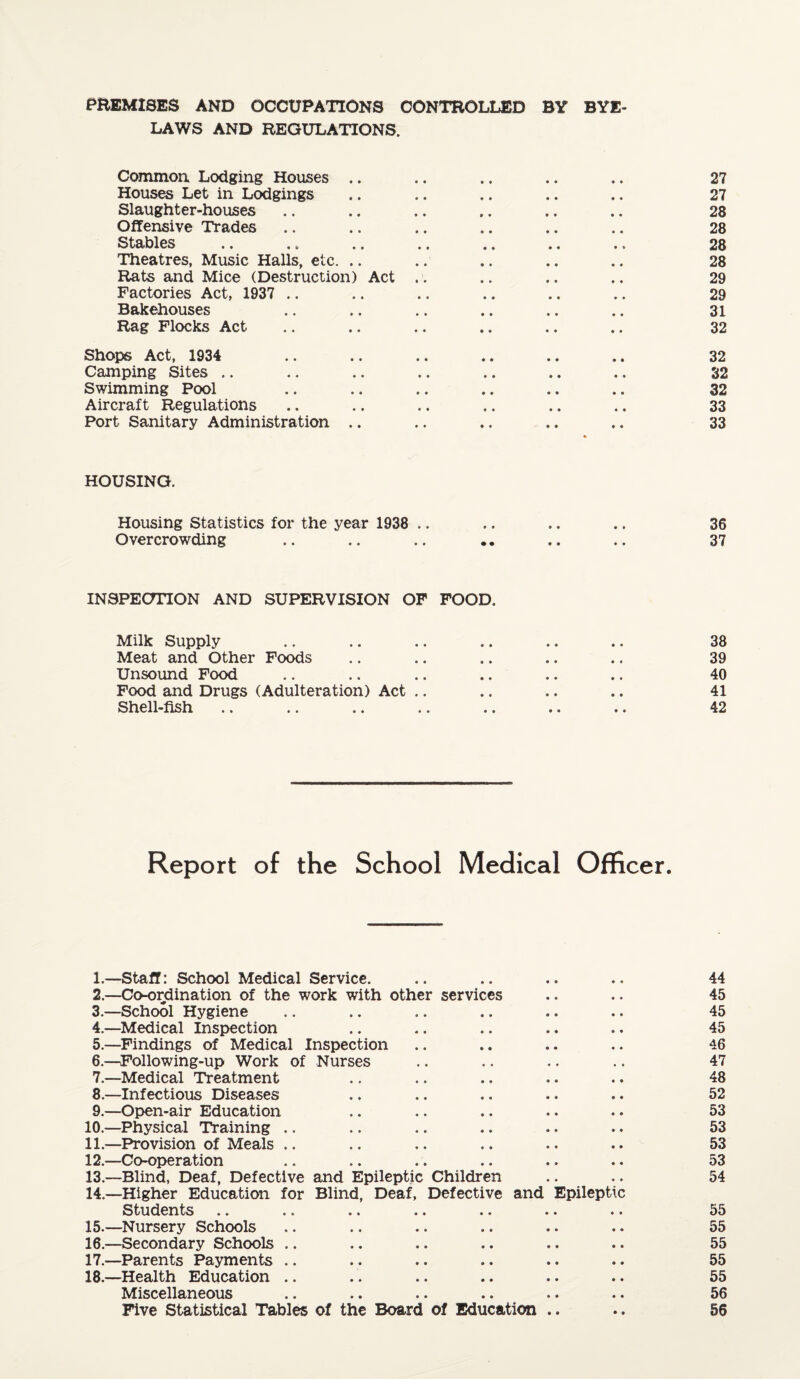 PREMISES AND OCCUPATIONS CONTROLLED BY BYE¬ LAWS AND REGULATIONS. Common. Lodging Houses .. .. .. .. .. 27 Houses Let in Lodgings .. .. .. .. .. 27 Slaughter-houses .. .. .. .. .. .. 28 Offensive Trades .. .. .. .. .. .. 28 Stables .. .. .. .. .. .. .. 28 Theatres, Music Halls, etc. .. .. .. .. .. 28 Rats and Mice (Destruction) Act .. .. .. .. 29 Factories Act, 1937 .. .. .. .. .. .. 29 Bakehouses .. .. .. .. .. .. 31 Rag Flocks Act .. .. .. .. .. .. 32 Shops Act, 1934 .. .. .. .. .. .. 32 Camping Sites .. .. .. .. .. .. .. 32 Swimming Pool .. .. .. .. .. .. 32 Aircraft Regulations .. .. .. .. .. .. 33 Port Sanitary Administration .. .. .. .. .. 33 HOUSING. Housing Statistics for the year 1938 .. .. .. .. 36 Overcrowding .. .. .. .. .. .. 37 INSPECTION AND SUPERVISION OF FOOD. Milk Supply .. .. .. .. .. .. 38 Meat and Other Foods .. .. .. .. .. 39 Unsound Food .. .. .. .. .. .. 40 Food and Drugs (Adulteration) Act .. .. .. .. 41 Shell-fish .. .. .. .. .. .. .. 42 Report of the School Medical Officer. 1. —Staff: School Medical Service. .. .. .. .. 44 2. —Co-ordination of the work with other services .. .. 45 3. —School Hygiene .. .. .. .. .. .. 45 4. —Medical Inspection .. .. .. .. .. 45 5. —Findings of Medical Inspection .. .. .. .. 46 6. —Following-up Work of Nurses .. .. .. .. 47 7. —Medical Treatment .. .. .. .. .. 48 8. —Infectious Diseases .. .. .. .. .. 52 9. —Open-air Education .. .. .. .. .. 53 10. —Physical Training .. .. .. .. .. .. 53 11. —Provision of Meals .. .. .. .. .. .. 53 12. —Co-operation .. .. .. .. .. .. 53 13. —Blind, Deaf, Defective and Epileptic Children .. .. 54 14. —Higher Education for Blind, Deaf, Defective and Epileptic Students .. .. .. .. .. .. .. 55 15. —Nursery Schools .. .. .. .. .. .. 55 16. —Secondary Schools .. .. .. .. .. .. 55 17. —Parents Payments .. .. .. .. .. .. 55 18. —Health Education .. .. .. .. .. .. 55 Miscellaneous .. .. .. .. .. .. 56 Five Statistical Tables of the Board of Education .. .. 56