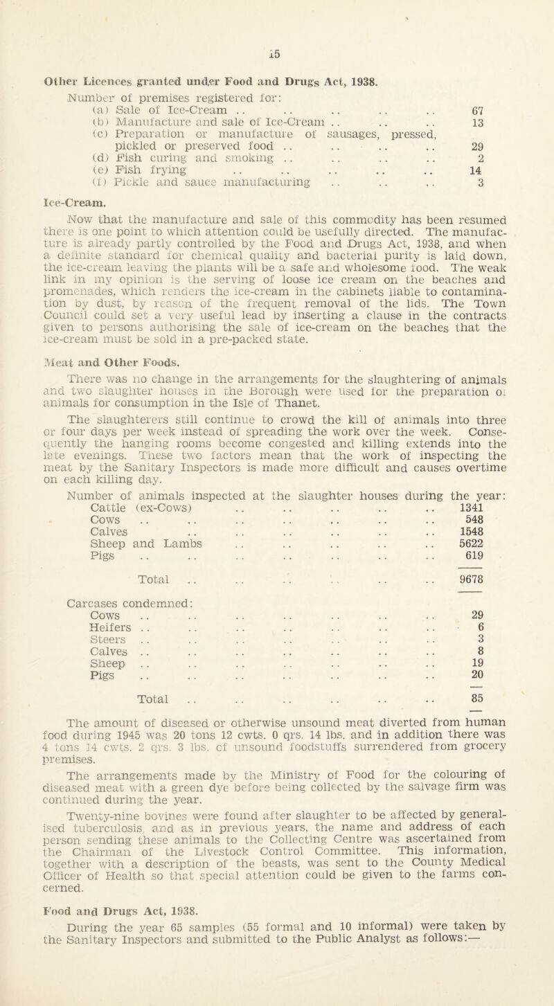 Other Licences granted under Food and Drugs Act, 1938. Number of premises registered for: (a) Sale of Ice-Cream .. .. .. .. .. 67 (b) Manufacture and sale of Ice-Cream .. .. .. 13 (c) Preparation or manufacture of sausages, pressed, pickled or preserved food .. .. .. .. 29 (d) Fish curing and smoking .. .. .. .. 2 (e) Fish frying .. .. .. .. .. 14 (f) Pickle and sauce manufacturing .. .. .. 3 Ice-Cream. Now that the manufacture and sale of this commodity has been resumed there is one point to which attention could be usefully directed. The manufac¬ ture is already partly controlled by the Food and Drugs Act, 1938, and when a definite standard for chemical quality and bacterial purity is laid down, the ice-cream leaving the plants will be a safe and wholesome food. The weak link in my opinion is the serving of loose ice cream on the beaches and promenades, which renders the ice-cream in the cabinets liable to contamina¬ tion by dust, by reason of the frequent removal of the lids. The Town Council could set a very useful lead by inserting a clause in the contracts given to persons authorising the sale of ice-cream on the beaches that the ice-cream must be sold in a pre-packed state. Bleat and Other Foods. There was no change in the arrangements for the slaughtering of animals and two slaughter houses in the Borough were used for the preparation oi animals for consumption in the Isle of Thanet. The slaughterers still continue to crowd the kill of animals into three or four days per week instead of spreading the work over the week. Conse¬ quently the hanging rooms become congested and killing extends into the late evenings. These two factors mean that the work of inspecting the meat by the Sanitary Inspectors is made more difficult and causes overtime on each killing day. Number of animals inspected at the slaughter houses during the year: Cattle (ex-Cows) .. .. .. .. .. 1341 Cows .. .. .. .. .. .. .. 548 Calves .. .. .. .. .. .. 1548 Sheep and Lambs .. .. .. .. .. 5622 Pigs .. .. . . .. .. .. .. 619 Total .. . . .. . . .. .. 9678 Carcases condemned: Cows .. .. .. .. .. .. .. 29 Heifers .. .. .. .. .. .. .. 6 Steers .. .. .. .. .. .. .. 3 Calves .. .. .. .. .. .. .. 8 Sheep .. .. .. .. .. .. .. 19 Pigs .. .. .. .. .. .. .. 20 Total .. .. .. .. .. .. 85 The amount of diseased or otherwise unsound meat diverted from human food during 1945 was 20 tons 12 cwts. 0 qrs. 14 lbs. and in addition there was 4 tons 14 cwts. 2 qrs. 3 lbs. of unsound foodstuffs surrendered from grocery premises. The arrangements made by the Ministry of Food for the colouring of diseased meat with a green dye before being collected by the salvage firm was continued during the year. Twenty-nine bovines were found after slaughter to be affected by general¬ ised tuberculosis, and as in previous years, the name and address of each person sending these animals to the Collecting Centre was ascertained from the Chairman of the Livestock Control Committee. This information, together with a description of the beasts, was sent to the County Medical Officer of Health so that special attention could be given to the farms con¬ cerned. Food and Drugs Act, 1938. During the year 65 samples (55 formal and 10 informal) were taken by the Sanitary Inspectors and submitted to the Public Analyst as follows:—