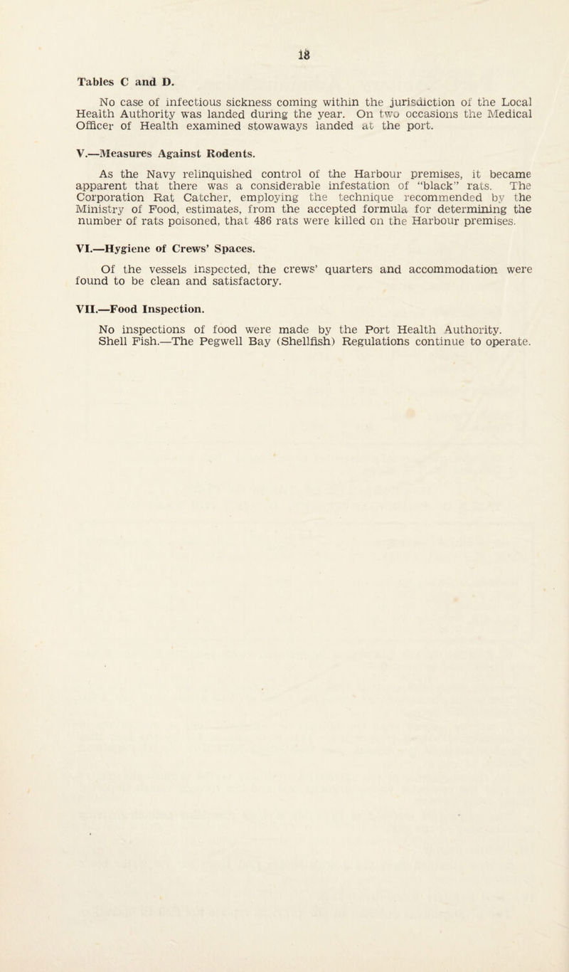 Tables C and D. No case of infectious sickness coming within the jurisdiction of the Local Health Authority was landed during the year. On two occasions the Medical Officer of Health examined stowaways landed at the port. V. —Measures Against Rodents. As the Navy relinquished control of the Harbour premises, it became apparent that there was a considerable infestation of “black” rats. The Corporation Rat Catcher, employing the technique recommended by the Ministry of Food, estimates, from the accepted formula for determining the number of rats poisoned, that 486 rats were killed on the Harbour premises. VI. —Hygiene of Crews’ Spaces. Of the vessels inspected, the crews’ quarters and accommodation were found to be clean and satisfactory. VII. —Food Inspection. No inspections of food were made by the Port Health Authority. Shell Fish.—The Pegwell Bay (Shellfish) Regulations continue to operate.