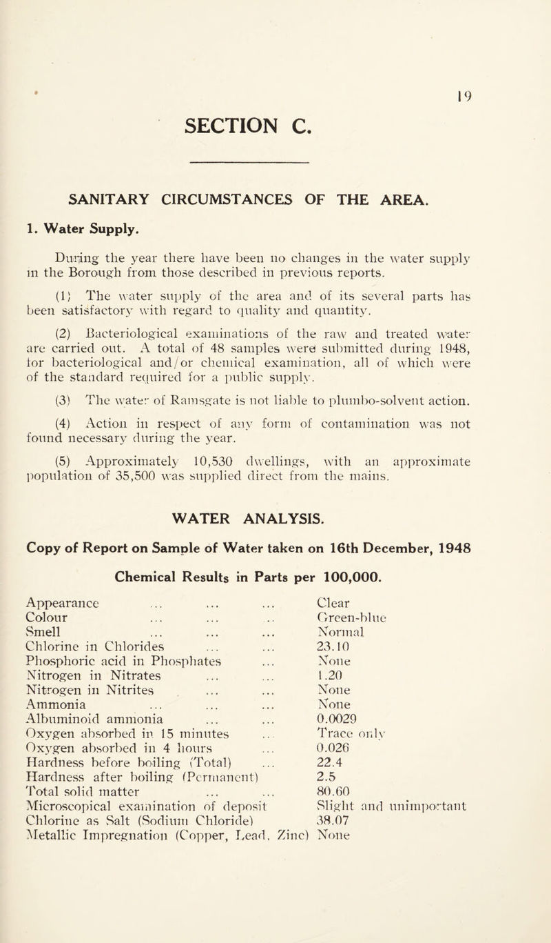 SECTION C. SANITARY CIRCUMSTANCES OF THE AREA. 1. Water Supply. During the year there have been no changes in the water siippl}^ m the Borough from those described in previous reports. (1) The water supply of the area and of its several parts has been satisfactory with regard to quality and quantity. (2) Bacteriological examinations of the raw and treated water are carried out. A total of 48 samples were submitted during 1948, for bacteriological and/or chemical examination, all of which were of the standard required for a public suppl\a (3) The water of Ramsgate is not liable to plumbo-solvent action. (4) Action in respect of any form of contamination was not found necessary during the year. (5) Approximately 10,530 dwellings, with an approximate i:)Opulation of 35,500 was supplied direct from the mains. WATER ANALYSIS. Copy of Report on Sample of Water taken on 16th December, 1948 Chemical Results in Parts per 100,000. Appearance Colour Smell Chlorine in Chlorides Phosphoric acid in Phosphates N'itrogen in Nitrates Nitrogen in Nitrites Ammonia Albuminoid ammonia Oxygen absorbed in 15 minutes Oxygen absorbed in 4 hours Hardness before boiling (Total) Hardness after boiling (Permanent) Total solid matter Microscopical examination of deposit Chlorine as Salt (vSodium Chloride) (Metallic Impregnation (Copper, Lead , Zinc) None 0.026 22.4 2.5 80.60 38.07 23.10 None 1.20 None None vSlight and unimportant 0.0029 Trace only Clear Green-blue Normal one