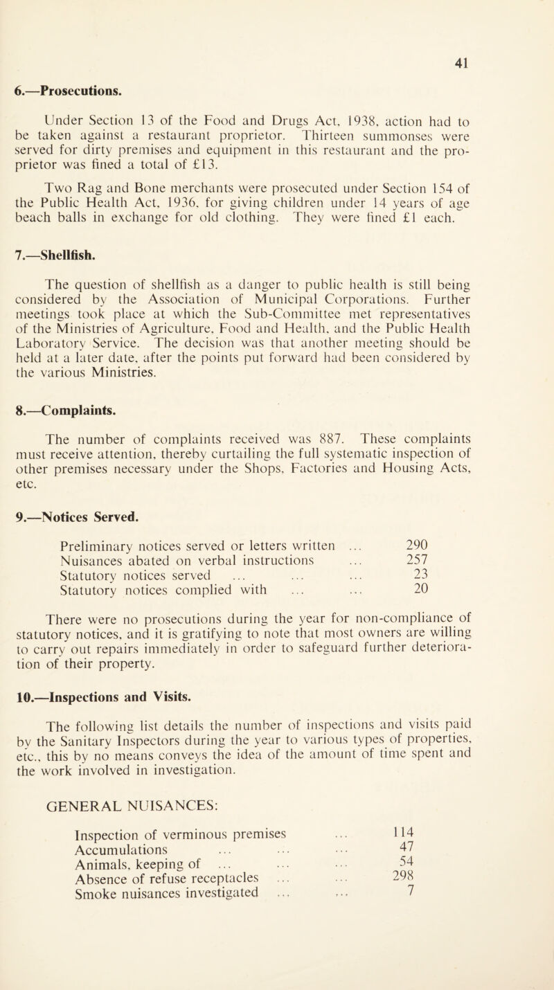 6. —Prosecutions. Under Section 13 of the Food and Drugs Act, 1938, action had to be taken against a restaurant proprietor. Thirteen summonses were served for dirty premises and equipment in this restaurant and the pro¬ prietor was fined a total of £13. Two Rag and Bone merchants were prosecuted under Section 154 of the Public Health Act, 1936, for giving children under 14 years of age beach balls in exchange for old clothing. They were fined £1 each. 7. —Shellfish. The question of shellfish as a danger to public health is still being considered by the Association of Municipal Corporations. Further meetings took place at which the Sub-Committee met representatives of the Ministries of Agriculture, Food and Health, and the Public Health Laboratory Service. The decision was that another meeting should be held at a later date, after the points put forward had been considered by the various Ministries. 8. —Complaints. The number of complaints received was 887. These complaints must receive attention, thereby curtailing the full systematic inspection of other premises necessary under the Shops, Factories and Housing Acts, etc. 9. —Notices Served. Preliminary notices served or letters written ... 290 Nuisances abated on verbal instructions ... 257 Statutory notices served ... ... ... 23 Statutory notices complied with ... ... 20 There were no prosecutions during the year for non-compliance of statutory notices, and it is gratifying to note that most owners are willing to carry out repairs immediately in order to safeguard further deteriora¬ tion of their property. 10. —Inspections and Visits. The following list details the number of inspections and visits paid by the Sanitary Inspectors during the year to various types of properties, etc., this by no means conveys the idea of the amount of time spent and the work involved in investigation. GENERAL NUISANCES: Inspection of verminous premises Accumulations Animals, keeping of ... Absence of refuse receptacles Smoke nuisances investigated 114 47 54 298 7