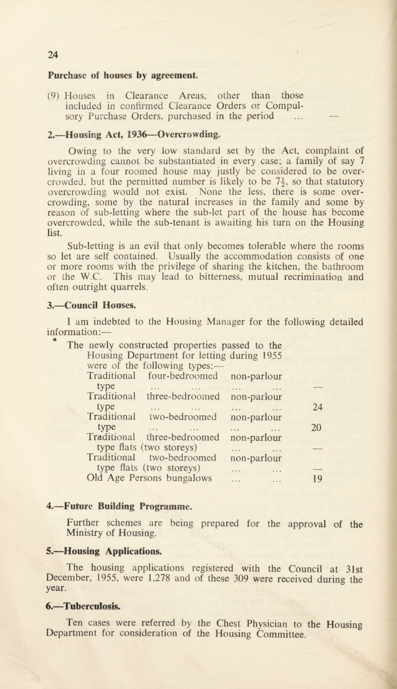 Purchase of houses by agreement (9) Houses in Clearance Areas, other than those included in confirmed Clearance Orders or Compul¬ sory Purchase Orders, purchased in the period ... — 2.—Housing Act 1936—-Overcrowding. Owing to the very low standard set by the Act, complaint of overcrowding cannot be substantiated in every case; a family of say 7 living in a four roomed house may justly be considered to be over¬ crowded, but the permitted number is likely to be 7-J, so that statutory overcrowding would not exist. None the less, there is some over¬ crowding, some by the natural increases in the family and some by reason of sub-letting where the sub-let part of the house has become overcrowded, while the sub-tenant is awaiting his turn on the Housing list. Sub-letting is an evil that only becomes tolerable where the rooms so let are seif contained. Usually the accommodation consists of one or more rooms with the privilege of sharing the kitchen, the bathroom or the W.C. This may lead to bitterness, mutual recrimination and often outright quarrels. 3.—Council Houses. I am indebted to the Housing Manager for the following detailed information:— The newly constructed properties passed to the Housing Department for letting during 1955 were of the following types:— Traditional four-bedroomed non-parlour type Traditional type Traditional type Traditional three-bedroomed type flats (two storeys) Traditional two-bedroomed type flats (two storeys) Old Age Persons bungalows three-bedroomed non-parlour two-bedroomed non-parlour non-parlour non-parlour 24 20 19 4. —-Future Building Programme. Further schemes are being prepared for the approval of the Ministry of Housing. 5. —Housing Applications. The housing applications registered with the Council at 31st December, 1955, were 1,278 and of these 309 were received during the year. 6. —Tuberculosis. Ten cases were referred by the Chest Physician to the Housing Department for consideration of the Housing Committee.