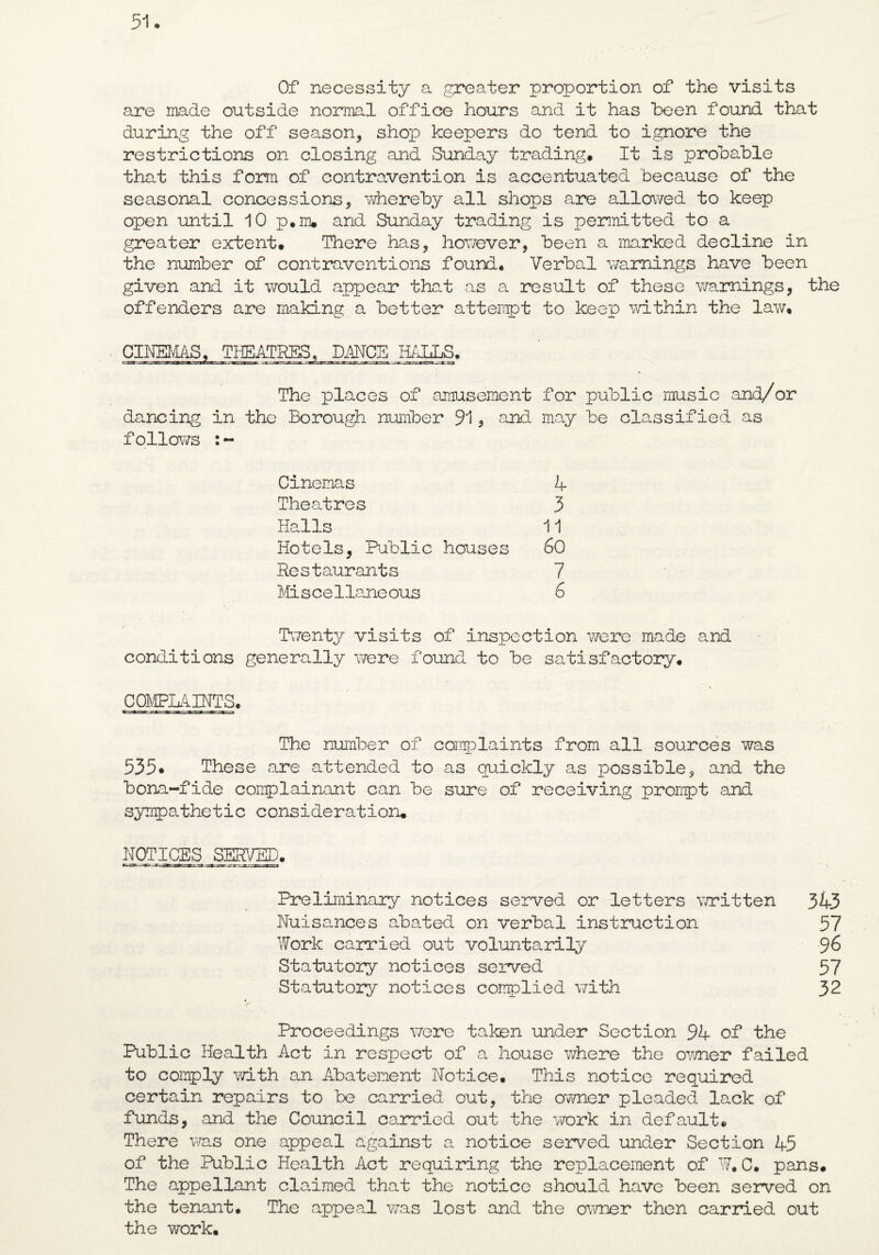 Of necessity a greater proportion of the visits are made outside normal office hours and it has been found that during the off season, shop keepers do tend to ignore the restrictions on closing and Sunday trading. It is probable that this form of contravention is accentuated because of the seasonal concessions, whereby all shops are allowed to keep open until 10 p.m, and Sunday trading is permitted to a greater extent. There has, however, been a marked decline in the number of contraventions found. Verbal warnings have been given and it would appear that as a result of these warnings, the offenders are making a better attempt to keep within the law. CINEMAS, THEATRES, DANCE HALLS. The places of amusement for public music and/or dancing in the Borough number 91, and may be classified as follows :~ Cinemas Theatres Halls Hotels, Public houses Restaurants Mi s ce Here ous Twenty visits of inspection were made and conditions generally were found to be satisfactory. COMPLAINTS. The number of complaints from all sources was 535. These are attended to as quickly as possible, and the bona-fide complainant can be sure of receiving prompt and sympathetic consideration. NOTICES SERVED. -r. ■£»■, t --xs .nrrr, t Preliminary notices served or letters written 343 Nuisances abated on verbal instruction 57 Work carried out voluntarily 96 Statutory notices served 57 Statutory notices complied with 32 Proceedings were taken under Section 94 of the Public Health Act in respect of a house where the owner failed to comply with an Abatement Notice. This notice required certain repairs to be carried out, the owner pleaded lack of funds, and the Council carried out the work in default. There was one appeal against a notice served under Section 4-5 of the Public Health Act requiring the replacement of W. C. pans. The appellant claimed that the notice should have been served on the tenant. The appeal was lost and the owner then carried out the work. 4 3 11 60 7 6