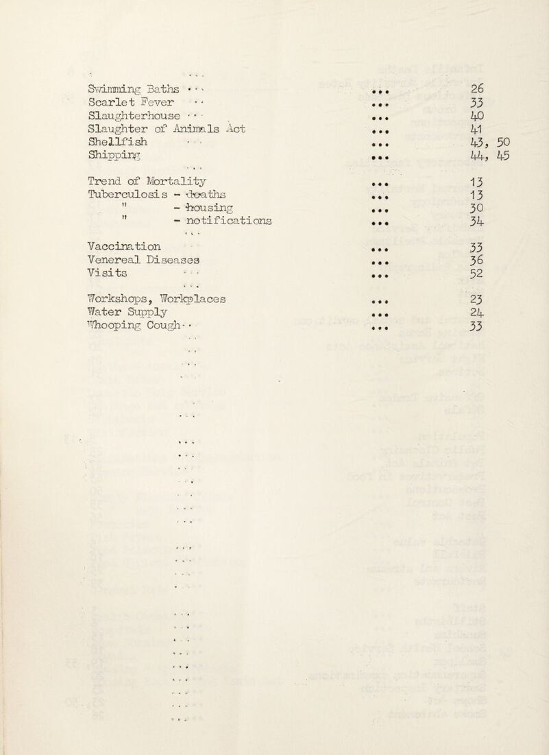 Swimming Baths « - - Scarlet Fever Slaughterhouse ' * - Slaughter of Animals Act Shellfish • * Shipping 26 33 40 W 43, 50 44? 45 Trend of Mortality 13 Tuberculosis - ‘deaths *.* 13 ,f - ‘housing #. 30 '' -notifications ••• 34 Vaccination Venereal Diseases Visits 36 52 77orkshops 5 Workplaces Water Supply Whooping Cough * • • 23 24 33 * c * ■»