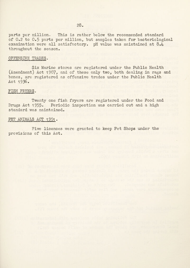parts per million„ This is rather below the recommended standard of 0.2 to 0.5 parts per million, but samples taken for bacteriological examination were all satisfactory. pH value was maintained at 8.4 throughout the season. OFFENSIVE TRADES. Six Marine stores are registered under the Public Health (Amendment) Act 1907* and of these only two, both dealing in rags and bones, are registered as offensive trades under the Public Health Act 1936. FISH FRYERS. Twenty one fish fryers are registered under the Food and Drugs Act 1955* Periodic inspection was carried out and a high standard was maintained. PET ANIMALS ACT 195l. Five licences were granted to keep Pet Shops under the provisions of this Act.