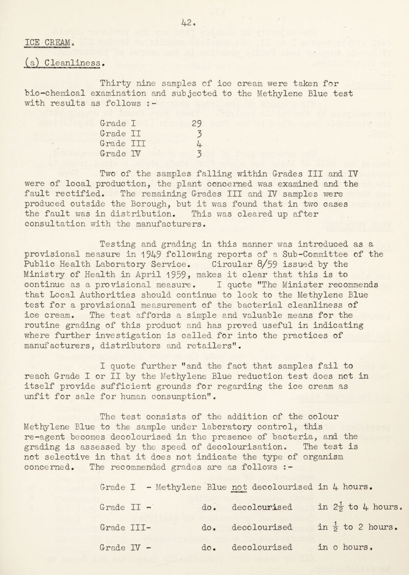 ICE CREAMc (a) Cleanliness, Thirty nine samples of ice cream were taken for bio-chemical examination and subjected to the Methylene Blue test with results as fellows : - G-rade I 29 G-rade II 3 G-rade III 4 G-rade IV 3 Two of the samples falling within G-rades III and IV were of local production, the plant concerned was examined and the fault rectified* The remaining G-rades III and IV samples were produced outside the Borough, but it was found that in two cases the fault was in distribution. This v/as cleared up after consultation with the manufacturers. Testing and grading in this manner was introduced as a provisional measure in 1949 following reports of a Sub-Committee of the Public Health Laboratory Service. Circular 8/59 issued by the Ministry of Health in April 1959* makes it clear that this is to continue as a provisional measure. I quote The Minister recommends that Local Authorities should continue to look to the Methylene Blue test for a provisional measurement of the bacterial cleanliness of ice cream. The test affords a simple and valuable means for the routine grading of this product and has proved useful in indicating where further investigation is called for into the practices of manufacturers, distributors and retailers. I quote further and the fact that samples fail to reach G-rade I or II by the Methylene Blue reduction test does not in itself provide sufficient grounds for regarding the ice cream as unfit for sale for human consumption. The test consists of the addition of the colour Methylene Blue to the sample under laboratory control, this re-agent becomes decolourised in the presence of bacteria, and the grading is assessed by the speed of decolourisation. The test is not selective in that it does not indicate the type of organism concerned. The recommended grades are as follows G-rade I - Methylene Blue not decolourised in 4 hours. G-rade II - do. decolourised in 2y to 4 hours G-rade III- do. decolourised in ■§■ to 2 hours. &rade IV - do • decolourised in o hours.