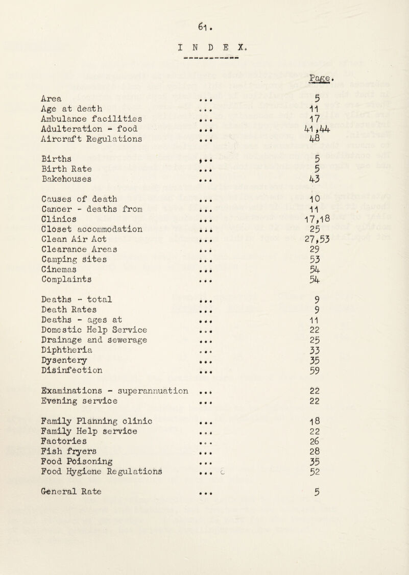 Area . • • 5 Age at deat h *.. 11 Ambulance facilities .<>• 17 Adulteration - food • 41,44 Aircraft Regulations •. • 4& Births ,. • 5 Birth Rate •. • 5 Bakehouses •. * 43 Causes of death ... 10 Cancer - deaths from . .. 11 Clinics ... I7,l8 Closet accommodation • 25 Clean Air Act ... 27,53 Clearance Areas ... 29 Camping sites ... 53 Cinemas .•. 54 Complaints ... 54 Deaths - total ... 9 Death Rates ... 9 Deaths - ages at ... 11 Domestic Help Service ... 22 Drainage and Sewerage ... 25 Diphtheria ... 33 Dysentery ... 35 Disinfection ... 59 Examinations - superannuation ..♦ 22 Evening service ... 22 Family Planning clinic ... 18 Family Help service ... 22 Factories ... 26 Fish fryers ... 28 Food Poisoning ... 35 Food Hygiene Regulations ... c 52 General Rate .«. 5