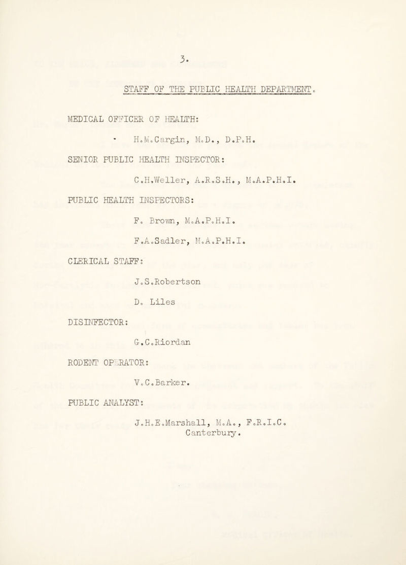 3o STAFF OF THE PUBLIC HEALTH DEPARTMENT 0 MEDICAL OFFICER OF HEALTH: H o M o C ar gin, M«, D •, D » P 0 H e SENIOR PUBLIC HEALTH INSPECTOR: C oH.Weller, AoR.SoH., M.A.P.H.I. PUBLIC HEALTH INSPECTORS: Fo Brown, M0A0P0H0L F0AoSadler, MoAoP.H.I. CLERICAL STAFF: Jo S oRobertson Do Liles DISINFECTOR: G-. CoRiordan RODENT OPERATOR: Vo C o Barker. PUBLIC ANALYST: Jo HoEoMarshall, MoA0, FoR.I.Co Canterbury »