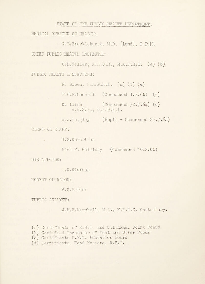 MEDICAL OFFICER OF HEALTH OroLoBrocklehurst, MoD„ (Lond) , DoPoH0 CHIEF PUBLIC HEALTH INSPECTOR CoH.Weller O XV o C 3.H., MoAoPoHclo (a) (b) PUBLIC HEALTH INSPECT Fo Brown, H«AoPoH.I. (a) (b) (d) T CoPoUansell (Commenced 1.7*64) (c) Do Liles (Comrr o mine nee a 30.7.64) (c) AoRoS.Ho, MoA.PoH.I JoLongley (Pupil - Commenced 27*7*64) CLERICAL STAFF JoSoRobertson Miss Fo Holliday (Commenced 10.2.64) DISINFECTOR s oCoRiordan RODENT OPERATORs Vo C oBarke r PUBLIC ANALYST z JoHoEoMarshall, M.Ao , FT J»C, Canterbury. (a) Certificate of R0S«I« and S JcExarn, Joint Board (b) Certified Inspector of Meat and Other Foods (c) Certificate PoH.L Education Board (d) Certificate, Food Hygiene, R0S0I®
