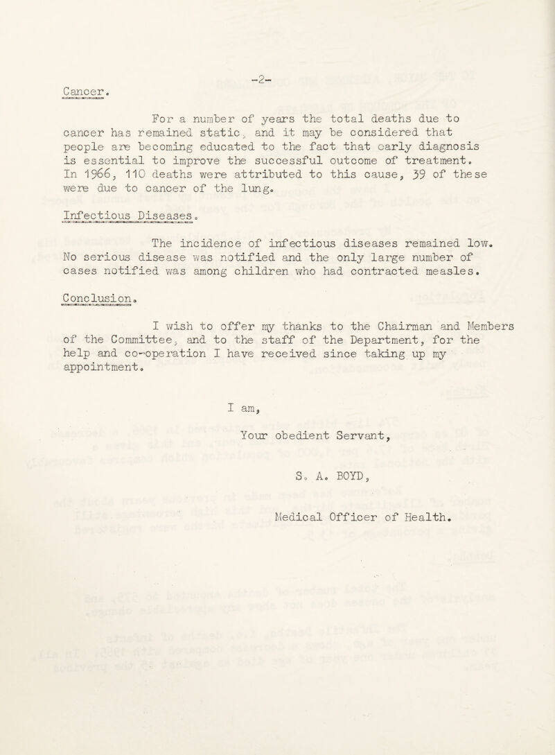 Cancerc -2- €L For a number of years the total deaths due to cancer has remained static, and it may be considered that people are becoming educated to the fact that early diagnosis is essential to improve the successful outcome of treatment,, In 1966j 110 deaths were attributed to this cause9 39 of these were due to cancer of the lung, Infectious Diseases, The incidence of infectious diseases remained low. No serious disease was notified and the only large number of cases notified was among children who had contracted measles. Conclusion, I wish to offer my thanks to the Chairman and Members of the Committee, and to the staff of the Department3 for the help and co-operation I have received since taking up my appointment, I am, Your obedient Servant, So A, BOYDs Medical Officer of Health,