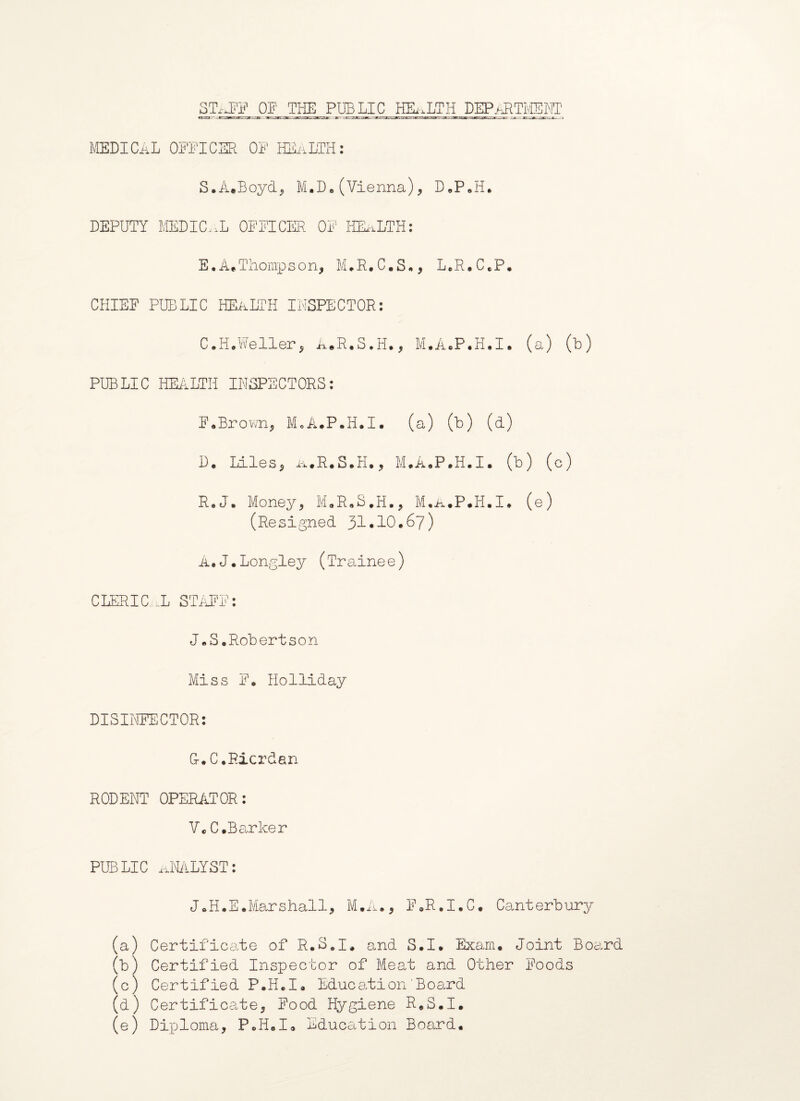 ST.-JTF OF THE PUBLIC HEALTH DEPARTMENT MEDICAL OFFICER OF HEALTH: S.A.Boyd, Ml.Do (Vienna), D.P.H. DEPUTY MEDIC. -L OFFICER OF HEALTH: E. A.Thompson, M.R.C.S., L.R.C.P. CHIEF PUBLIC HEALTH INSPECTOR: C. H.Weller, A.R.S.H., M.A.P.H.I. (a) (b) PUBLIC HEALTH INSPECTORS: F. Brown, M.A.P.H.I. (a) (b) (d) D. Liles, a.R.S.H., M.A.P.H.I. (b) (c) R.J. Money, M.R.S.H., M.A.P.H.I. (e) (Resigned 31*10.67) A.J.Longley (Trainee) CLERIC .L STAFF: J.S.Robertson Miss F. Holliday DISINFECTOR: G-. C.Rixrdan RODENT OPERATOR: V.C.Barker PUBLIC ANALYST: J.H.E.Marshall, M.A., F.R.I.C. Canterbury (a) Certificate of R.S.I. o.nd S.I. Exarn. Joint Board (b) Certified Inspector of Meat and Other Foods (c) Certified P.H.I. Education'Board (d) Certificate, Food Hygiene R.S.I. (e) Diploma, P.H.I. Education Board.