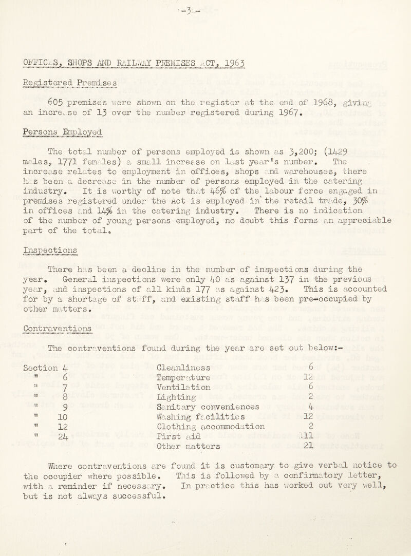 -3 OPPICnS, SHOPS AND RAILWAY FHEMISES__y.CT*_ 19.63 Registered Premises 605 premises were shown on the register at the end of 1968* givin an increase of 13 over the number registered during 1967* Persons The total number of persons employed is shown as 3*200; (1429 males* 1771 feimles) a small increase on IcuSt ye ar ’ s number. The increase relates to employment in offices* shops and warehouses* there has been a decrease in the number of persons employed in the catering industry# It is worthy of note that 46% of the labour force engaged in premises registered under the Act is employed in the retail tra.de* 30fo in offices and 14/& in the catering industry. There is no indication of the number of young persons employed* no doubt this forms an appreciable part of the total. Inspections There has been a decline in the number of inspections during the year* G-eneral inspections were only 40 as cagainst 137 in the previous yen, and inspections of all kinds 177 ns against 423* This is accounted for by a shortage of stuff* and existing staff has been pre*»occupied by other matters. Contraventions The contraventions found during the year are set out below:-* Section 4  6 t! ~J  8  9  10  12  24 Cleanlines s Temperature Ventilation Lighting Sanitary conveniences Washing facilities Clothing accommodation first aid Other matters 6 12 6 2 4 12 2 111 21 Where contraventions are the occupier where possible, with a reminder if necessary, but is not always successful. found it is customary to give verbal notice to This is followed by a confirmatory letter* In practice this has worked out very well*