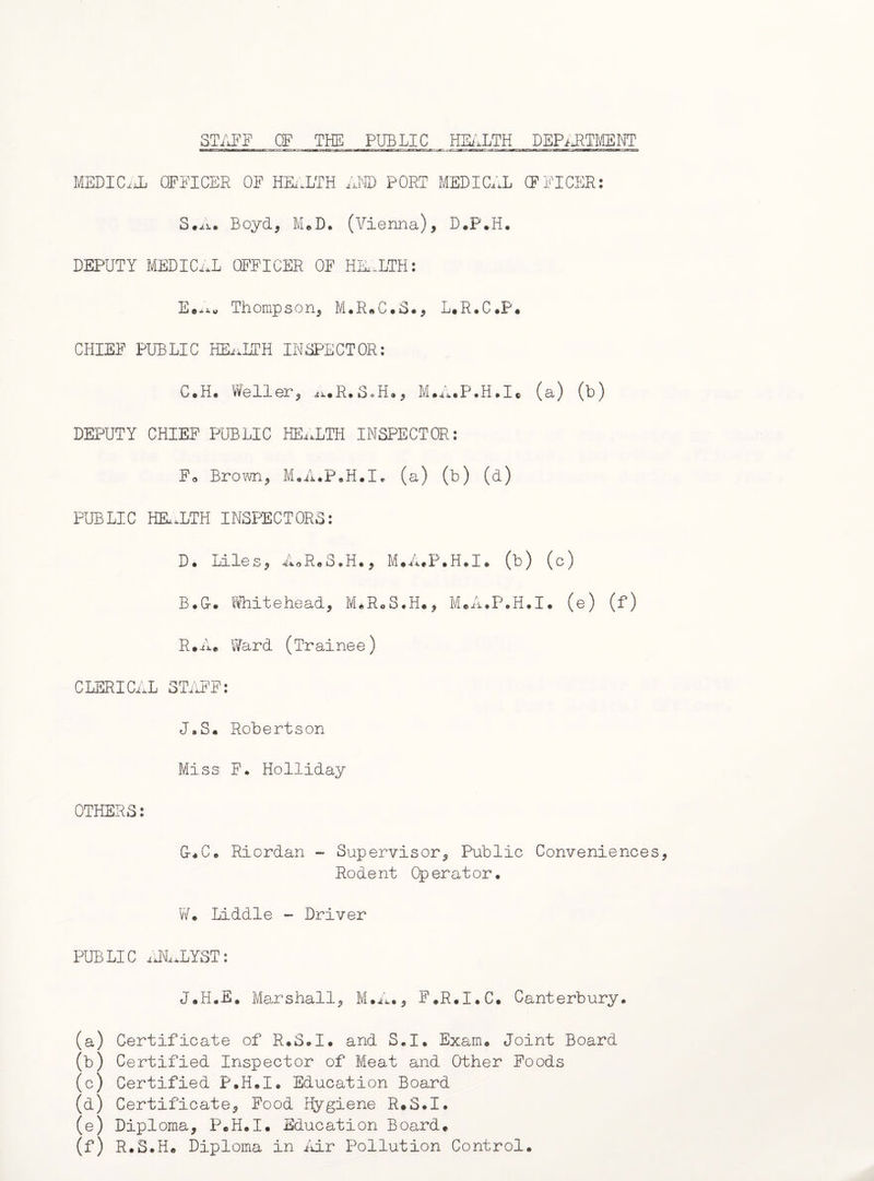 STAFF OF THE PUBLIC HEALTH DEPARTMENT MEDIC,Jj OFFICER OF HEALTH AND PORT MEDICAL CFFICER: S.A. Boyd, M. D • (Vienna), D.P.H. DEPUTY MEDICAL OFFICER OF HEALTH: E.*^ Thompson, M.R.C.S., L.R.C.P. CHIEF PUBLIC HEALTH INSPECTOR: C. H. Weller, ^.R.S.H., M.A.P.H.I. (a) (b) DEPUTY CHIEF PUBLIC HEALTH INSPECTOR: F0 Brown, M.A.P.H.I. (a) (b) (d) PUBLIC HEALTH INSPECTORS: D. Liles, AoR.S.H., M.A.P.H.I. (b) (c) B.G-. Whitehead, M.R.S.H., M.A.P.H.I. (e) (f) R.A. Ward (Trainee) CLERICAL STAFF: J.S. Robertson Miss F. Holliday OTHERS: G-.C. Riordan ~ Supervisor, Public Conveniences Rodent Operator. W. Liddle - Driver PUBLIC ANALYST: J.H.E. Marshall, M.A., F.R.I.C. Canterbury. (a) Certificate of R.S.I. and S.I. Exam. Joint Board (b) Certified Inspector of Meat and Other Foods (c) Certified P.H.I. Education Board (d) Certificate, Food Hygiene R.S.I. (e) Diploma, P.H.I. Education Board. (f) R.S.H. Diploma in Air Pollution Control.