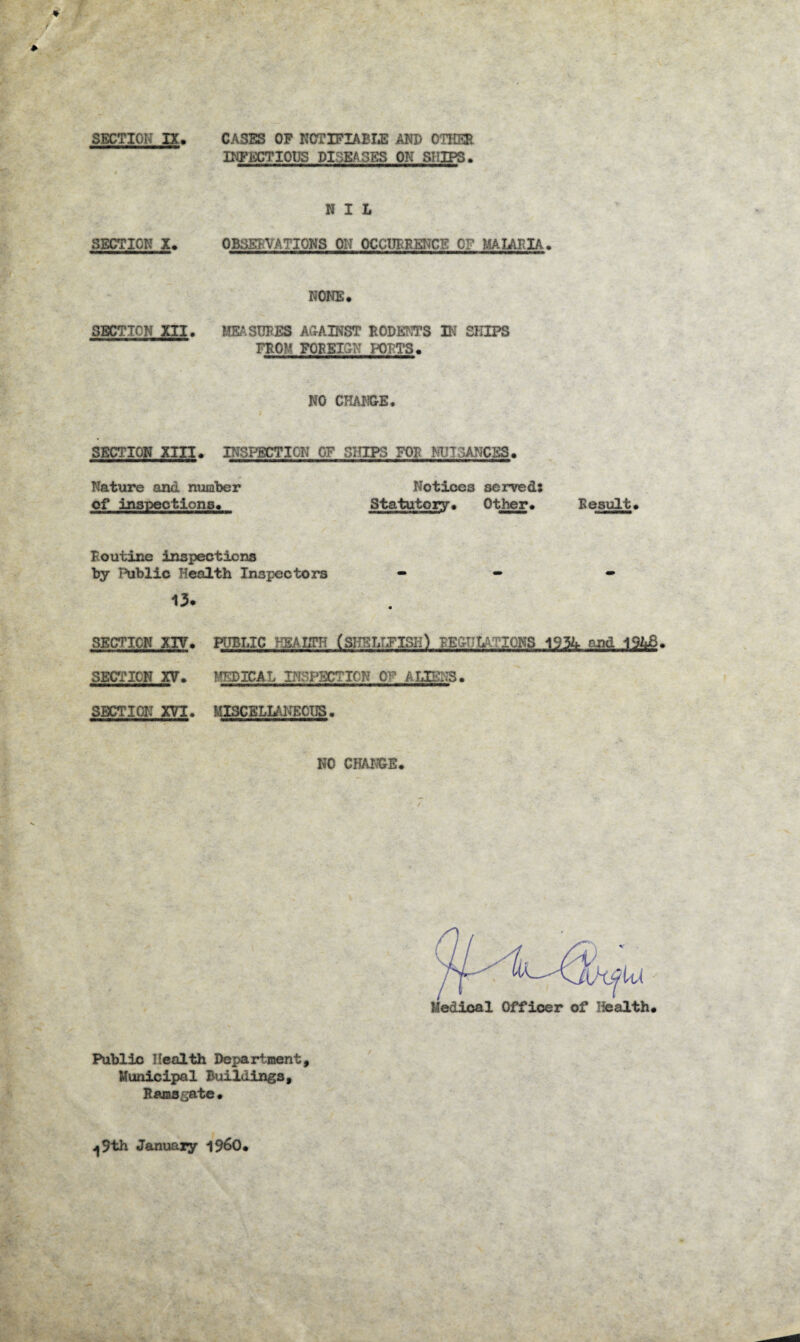 SECTION IX, CASES OF NOTIFIABLE AND OTHER INFECTIOUS DISEASES ON SHIPS. NIL SECTION X OBSERVATIONS OH OCCURRENCE OF MALARIA NONE* SECTION XII. MEASURES AGAINST RODENTS IK SHIPS FROM FOREIGN I-OT'TS. NO CHANCE SECTION XIII, INSPECTION OF SHIPS FOR NUISANCES* Nature and number of inspections* Notices served: Statutory* Other* Result Routine inspections by Public Health Inspectors - - - 13. SECTION XIV* PUBLIC HEALTH (SHELLFISH) TEQHU TONS 193k and 19IS. SECTION XV. MEDICAL INSPECTION OP ALIENS. SECTION XVI, MISCELLANEOUS. NO CHAISE Medical Officer of Iiealth Public Health Department, Municipal Buildings, Ramsgate• ^9th January 19&0*