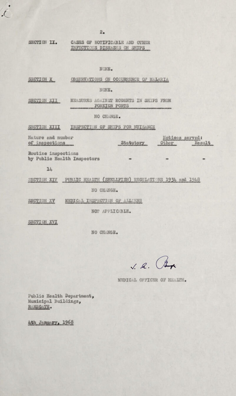 2 SECTION II. C iSES OP NOTIFIC/Bi .0 OTHER ElFICTi: :.S PISE -S: S ON SHIPS NONE. SECTION X QBSERV. TIOHS ON OCCURRENCE OF NONE. SECTION XII MEASURES AGAINST RODENTS IN SHIPS PROM FOREIGN PORTS NO CHaNGE. SECTION XIII INSPECTI N OF SHIPS FOR NUISANCE Nature end number Notices served: of inspections Statutory Other Result Routine inspections by Public Health Inspectors - 14 SECTION XIV PUBLIC H.O' LTH (SHELLFISH) ENGUL TX NS 1934 and 19^8 NO CHANGB. SECTION XV MEDIC L I? iSPMCTIuH OF ..LL. -,NS NOT APPLICABLE. SECTION XVI NO CHANGE. MEDIC L OFFICER OF H . LTH. Public Health Department, Municipal Buildings, RaMSCUTE. 4th January. 1968