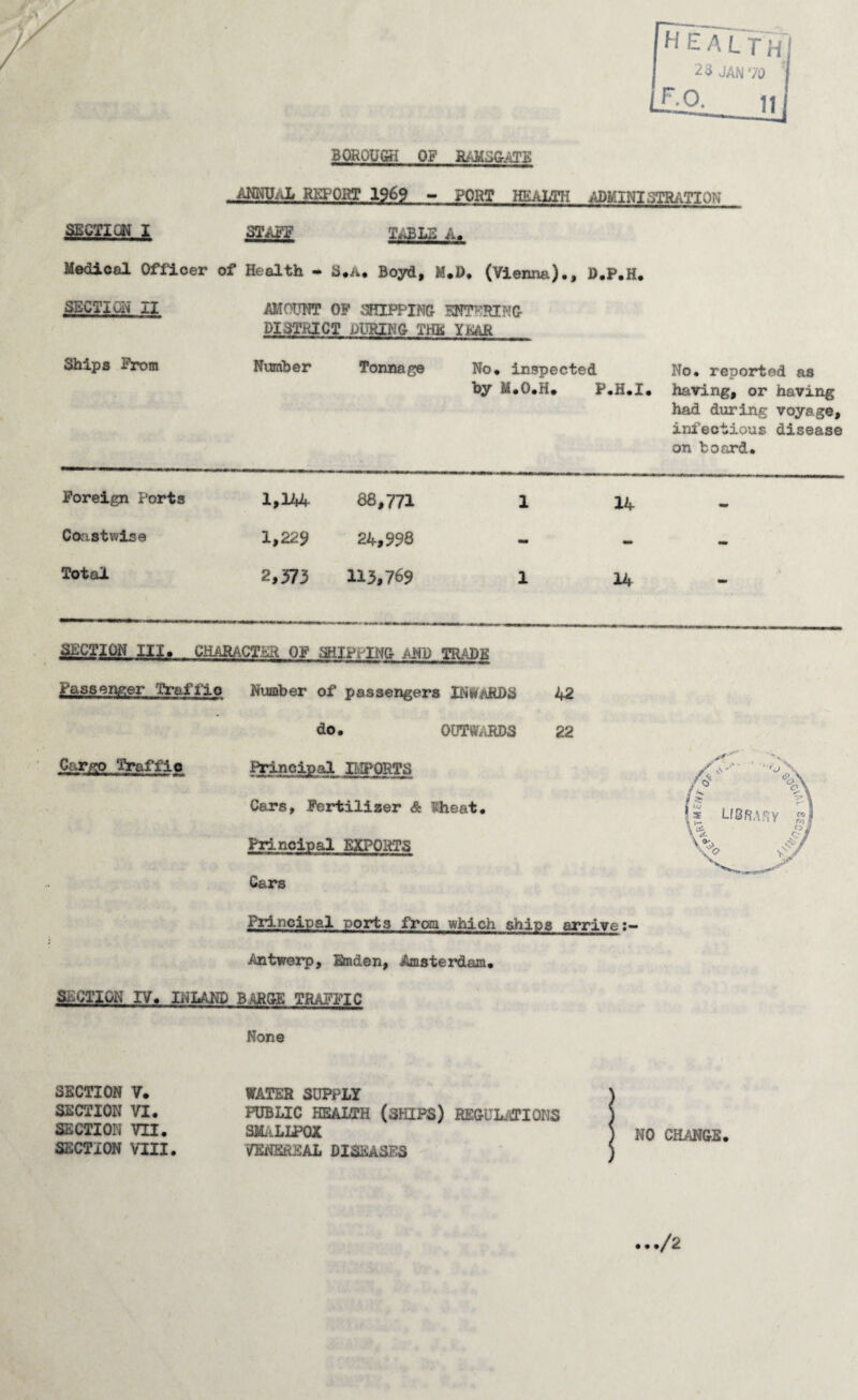 BOROUGH OF RAMSGATE ATO4L REPORT 1969 - PORT HEALTH ADMINISTRATION SECTION I STAFF TABLE A. Medical Officer of Health > - S.A. Boyd, M.D. (Vienna)., D.P.H. SECTION II AMOUNT OF SHIPPING ENTERING- DISTRICT DURING THE YEAR Ships Ffom Number Tonnage No. inspected by M.O.H. P.H.I. No. reported as having, or having had during voyage, infectious disease on board. Foreign Ports 1,144- 88,771 1 14 Coastwise 1,229 24,998 - - Total 2,373 113,769 1 14 - SECTION III. CHARACTER OF SHIPPING AND TRADE Passenger Traffic Number of passengers INWARDS 42 do. OUTWARDS 22 Cargo Traffic Principal BIPORTS Cars, Fertilizer & £heat. Principal EXPORTS Gars Principal ports from which ships arrive:- Antwerp, Emden, Amsterdam. SECTION IV. INLAND BARGE TRAFFIC None SECTION V. SECTION VI. SECTION VII. SECTION VIII. WATER SUPPLY PUBLIC HEALTH (SHIPS) REGULATIONS SMALLPOX VENEREAL DISEASES NO CHANGE. • • • /2