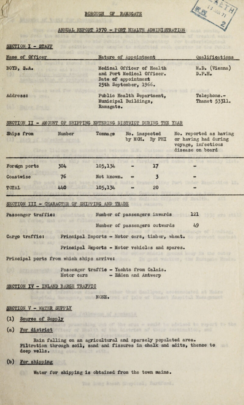 BOROUGH OF RaMSGATE ANNUAL REPORT 1970 - PORT HEALTH ADMINISTRATION SECTION I - STAFF Name of Officer Nature of Appointment tyialifioations BOYD, S.A* Medical Officer of Health and Port Medical Officer. Date of appointment 25th September, 1966. M.D. (Vienna) D.P.Ho Address: Public Health Department, Municipal Buildings, Ramsgate. Telephone.- Thanet 533H* SECTION II - AMOUNT OF SHIPPING ENTERING DISTRICT DURING THE YEAR Ships from Number Tonnage No. inspected by MCH. By PHI No. reported as having or having had during voyage, infectious disease on board Foreign ports 304 105,134 - 17 - Coastwise 76 Not known. - 3 - TOTAL 440 105,134 - 20 - SECTION III - CHARACTER OF SHIPPING AND TRADE Passenger traffics Number of passengers inwards 121 Number of passengers outwards 49 Cargo traffics Principal Imports - Motor cars, timber, wheat. Principal imports - Motor vehicles and spares. Principal ports from which ships arrive: Passenger traffic - Yachts from Calais. Motor cars - M&en and Antwerp SECTION IV - INLAND BARGS TRAFFIC NONE. SECTION V - WATER SUPPLY (l) Source of Supply (a) For district Rain falling on an agricultural and sparsely populated area. Filtration through soil, sand and fissures in chalk and adits, thence to deep wells. (b) For shipping Water for shipping is obtained from the town mains.