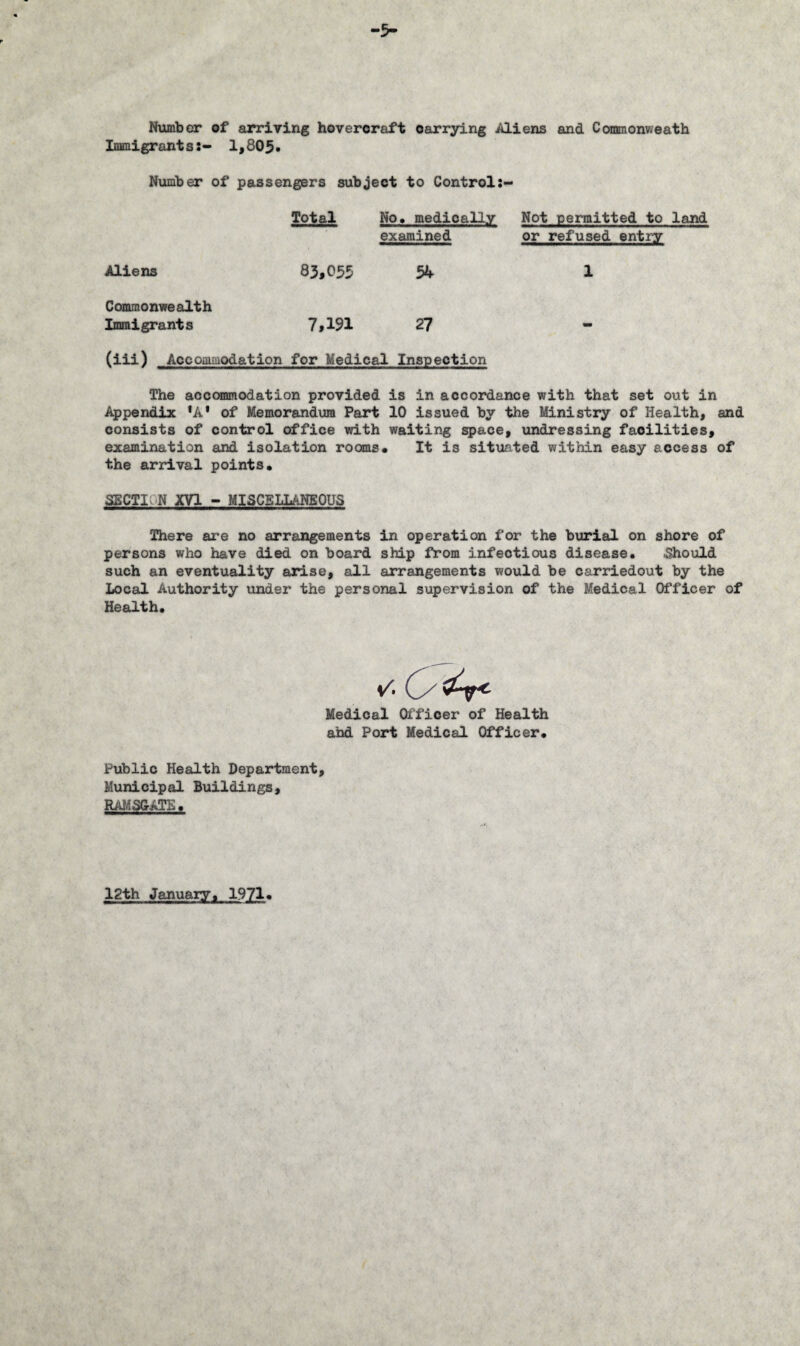 ■5- Numbcr of arriving hovercraft oarrying Aliens and Commonweath Immigrants:- 1,805* Number of passengers subject to Control:- Total No. medically Not permitted to land examined or refused entry Aliens 83,055 54 1 Commonwealth Immigrants 7,191 27 mm (iii) . Accommodation for Medical Inspection The accommodation provided is in accordance with that set out in Appendix *A* of Memorandum Part 10 issued by the Ministry of Health, and consists of control office with waiting space, undressing facilities, examination and isolation rooms. It is situated within easy access of the arrival points. SECTI-N XVI - MISCELLANEOUS There are no arrangements in operation for the burial on shore of persons who have died on board ship from infectious disease. Should such an eventuality arise, all arrangements would be carriedout by the Local Authority under the personal supervision of the Medical Officer of Health. Medical Officer of Health and Port Medical Officer. Public Health Department, Municipal Buildings, RAMSGATE. 12th January, 1971