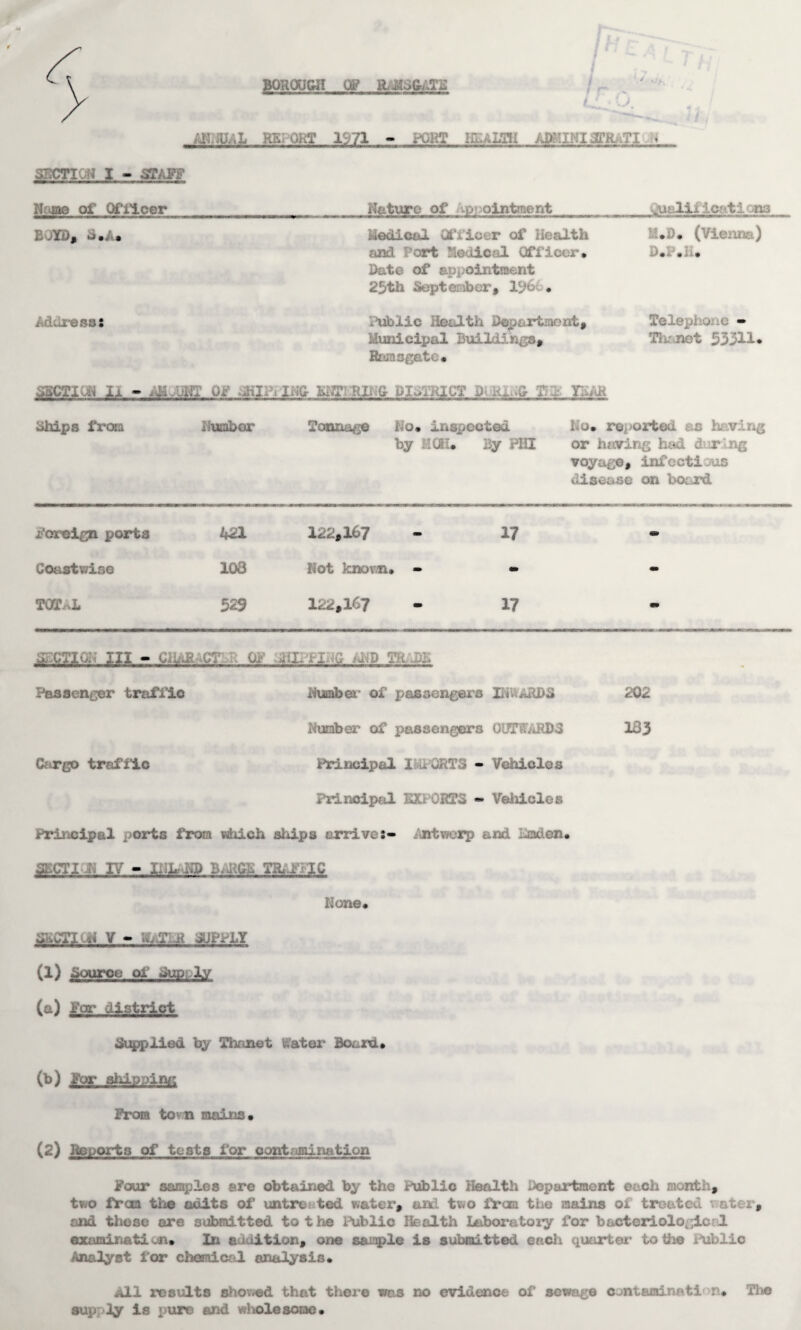 BOROUGH OP &&3&ATE /BBmi KE ORT 1/11 - PORT HIA * 1. » LL^y. SUCTION X - STAFF name ai uiucer 12 JYD, b * * nature oi -p ointment Medical Officer of Health and ort Medical Officer* Date of appointment 25th September, lcJb . 111 n:s *D. (Vienifci) D.P.Ii. i .'Lresss Public Health Department, Municipal Buildings, Ramsgate* Tele - Tk- net 53311. ,aCAi Ia • -.V- T OF SHI* h ING KNT.I RING DISTRICT DUULG The! YEAR Ships from Lumber Tonnage No* inspected No* rep orted as g by KCSI. By PHI or hearing had dur ing voyat;e , ini*octi .us disease on board Foreign ports 421 122,167 - 17 - Coastwise 108 Not knovn* - - - TOTAL 529 122,167 - 17 - SECTION III - t R OF liHIlfidG AMP 1 Pas senior traffic Number of passengers INWARDS Cargo traffic Number of passengers OUTWARDS Principal X 0RT3 - Vehicles Principal HKP09T3 * Vehicles Principal ports from which ships arrive:- Antwerp and hmden. gcricK iv - mum bargi t& xtic None* section v - w;.xlr supply (1) Source of dun ly (a) For district Supplied by Thanet Water Board* (b) Fey shipping From tovn mains* 202 183 (2) Reports of tests for contamination Four samples are obtained by the Public Health Department each month, two fraa the adits of untre ted water, and tv.o from the mains oi treated v.&ter, and those are submitted to the Public Health Laboratory for bacteriological examination* In addition, one sample is submitted each quarter to the iiiblic Analyst for chemical analysis* All results showed that there was no evidence of sewage oontaoinati n* The sup ly is pure? and wholesome*