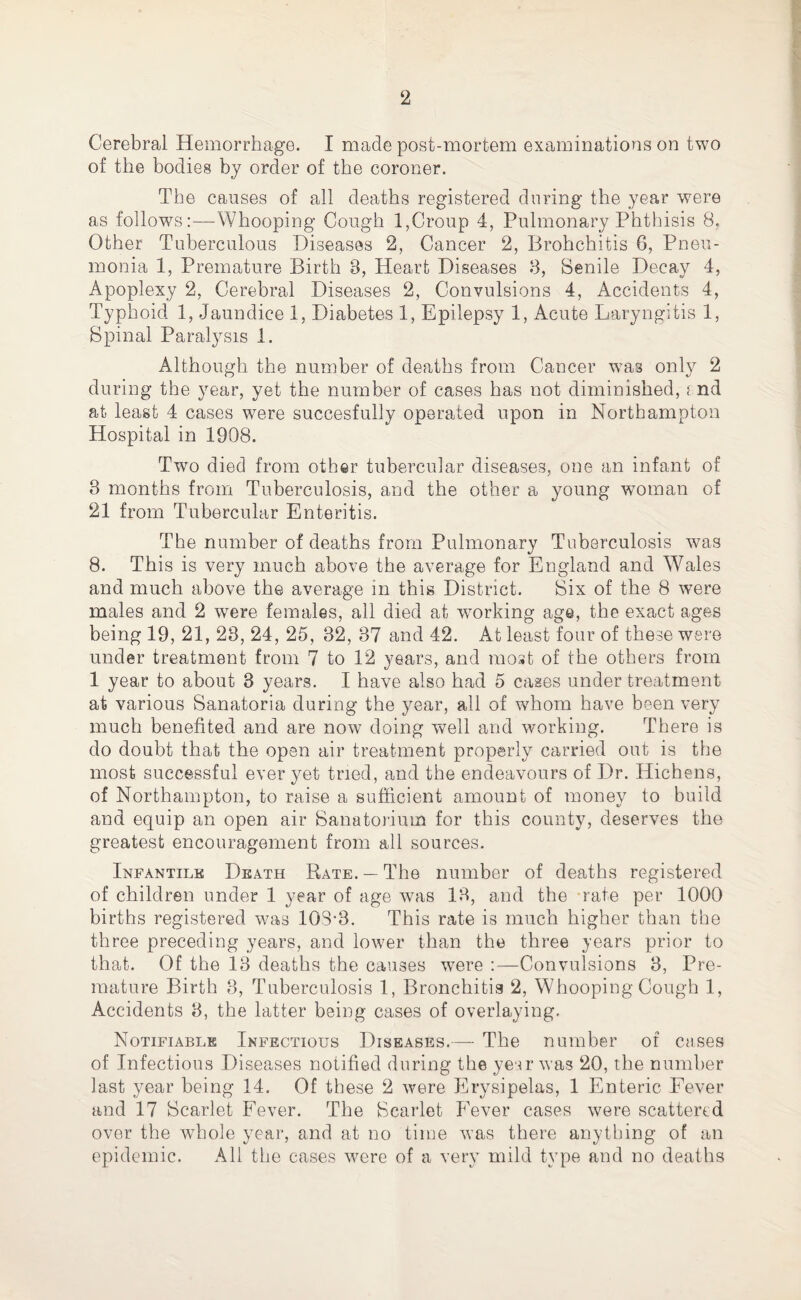 Cerebral Hemorrhage. I made post-mortem examinations on two of the bodies by order of the coroner. The causes of all deaths registered during the year were as follows:—Whooping Cough 1,Croup 4, Pulmonary Phthisis 8. Other Tuberculous Diseases 2, Cancer 2, Brohchitis 6, Pneu¬ monia 1, Premature Birth 8, Heart Diseases 8, Senile Decay 4, Apoplexy 2, Cerebral Diseases 2, Convulsions 4, Accidents 4, Typhoid 1, Jaundice 1, Diabetes 1, Epilepsy 1, Acute Laryngitis 1, Spinal Paralysis 1. Although the number of deaths from Cancer -was only 2 during the year, yet the number of cases has not diminished, end at least 4 cases were succesfully operated upon in Northampton Hospital in 1908. Two died from other tubercular diseases, one an infant of 8 months from Tuberculosis, and the other a young woman of 21 from Tubercular Enteritis. The number of deaths from Pulmonary Tuberculosis was 8. This is very much above the average for England and Wales and much above the average in this District. Six of the 8 were males and 2 were females, all died at working age, the exact ages being 19, 21, 23, 24, 25, 32, 37 and 42. At least four of these were under treatment from 7 to 12 years, and most of the others from 1 year to about 3 years. I have also had 5 cases under treatment at various Sanatoria during the year, all of whom have been very much benefited and are now doing well and working. There is do doubt that the open air treatment properly carried out is the most successful ever yet tried, and the endeavours of Dr. Hichens, of Northampton, to raise a sufficient amount of money to build and equip an open air Sanatorium for this county, deserves the greatest encouragement from all sources. Infantile Death Rate. — The number of deaths registered of children under 1 year of age was 13, and the rate per 1000 births registered was 10S‘3. This rate is much higher than the three preceding years, and lower than the three years prior to that. Of the 13 deaths the causes were :—Convulsions 3, Pre¬ mature Birth 8, Tuberculosis 1, Bronchitis 2, Whooping Cough 1, Accidents 8, the latter being cases of overlaying. Notifiable Infectious Diseases.— The number of cases of Infectious Diseases notified during the year was 20, the number last year being 14. Of these 2 were Erysipelas, 1 Enteric Fever and 17 Scarlet Fever. The Scarlet Fever cases were scattered over the whole year, and at no time was there anything of an epidemic. All the cases were of a very mild type and no deaths