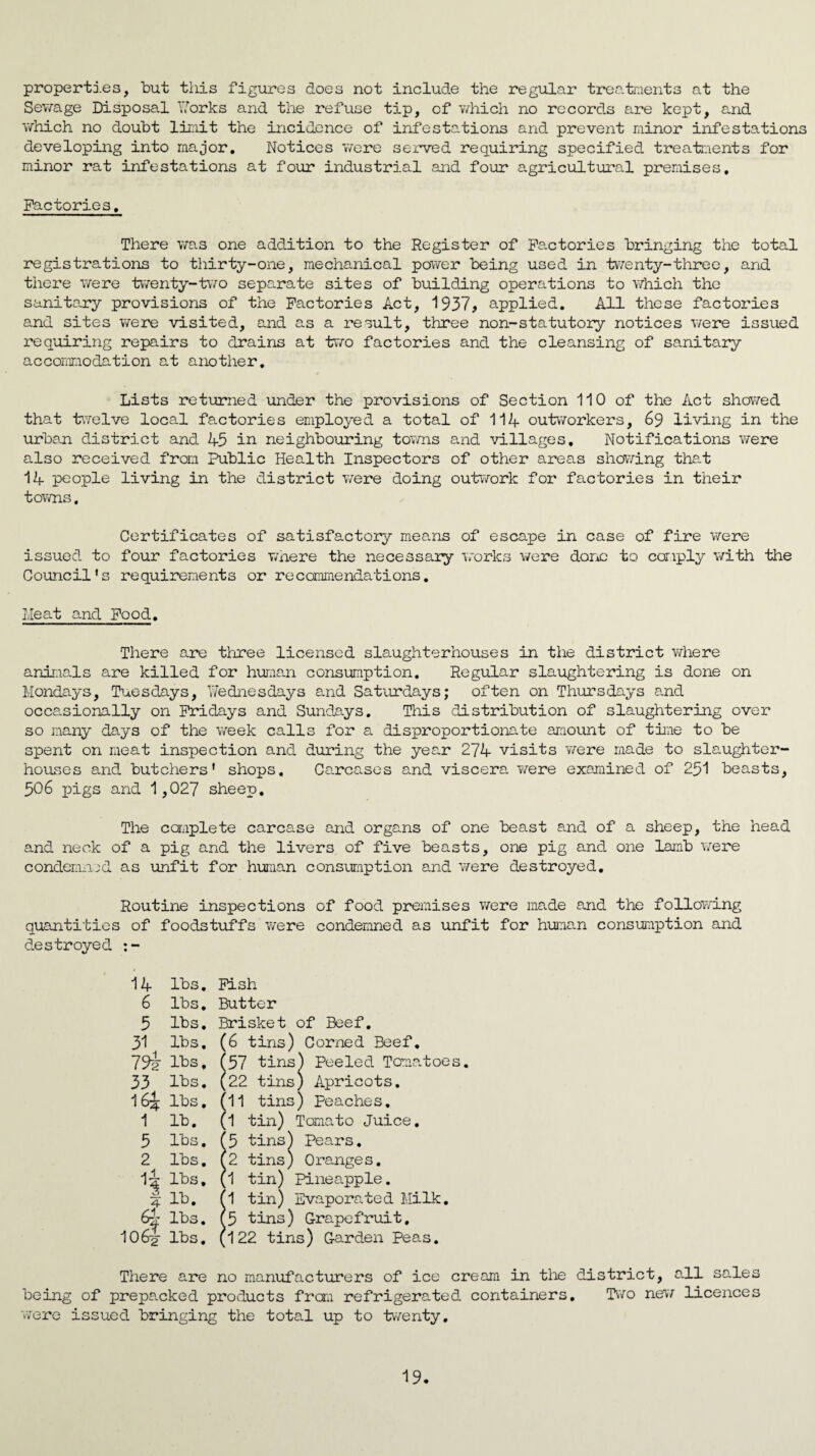 properties, but this figures does not include the regular treatments at the Sewage Disposal Yforks and the refuse tip, of which no records are kept, and which no doubt limit the incidence of infestations and prevent minor infestations developing into major. Notices were served requiring specified treatments for minor rat infestations at four industrial and four agricultural premises. Factories. There was one addition to the Register of Factories bringing the total registrations to thirty-one, mechanical power being used in twenty-three, and there were twenty-two separate sites of building operations to which the sanitary provisions of the Factories Act, 1937, applied. All these factories and sites were visited, and as a result, three non-statutory notices were issued requiring repairs to drains at two factories and the cleansing of sanitary accommodation at another. Lists returned under the provisions of Section 110 of the Act showed that twelve local factories employed a total of 114 outworkers, 69 living in the urban district and 45 in neighbouring towns and villages. Notifications were also received from Public Health Inspectors of other areas showing that 14 people living in the district were doing outwork for factories in their towns, Certificates of satisfactory means of escape in case of fire were issued to four factories where the necessary works were done to comply with the Council's requirements or recommendations. Meat and Food. There are three licensed slaughterhouses in the district where animals are killed for human consumption. Regular slaughtering is done on Mondays, Tuesdays, Wednesdays and Saturdays; often on Thursdays and occasionally on Fridays and Sundays. This distribution of slaughtering over so many days of the week calls for a disproportionate amount of time to be spent on meat inspection and during the year 274 visits were made to slaughter¬ houses and butchers' shops, Ca.rcases and viscera, we re examined of 251 beasts, 506 pigs and 1,027 sheep. The complete carcase and organs of one beast and of a sheep, the head and neck of a pig and the livers of five beasts, one pig and one lamb were condemned as unfit for human consumption and were destroyed. Routine inspections of food premises were made and the following quantities of foodstuffs were condemned as unfit for human consumption and destroyed :- Fish Butter Brisket of Beef. (6 tins) Corned Beef. (57 tins) Peeled Tomatoes. (22 tins) Apricots. (11 tins) Peaches. 1 tin) Tomato Juice. 5 tins) Pears. 2 tins) Oranges. k1 tin) Pineapple. 1 tin) Evaporated Milk. 5 tins) G-rapefruit. |l22 tins) Garden Peas. being of prepacked products from refrigerated containers. Two new licences were issued bringing the total up to twenty. 14 lbs. 6 lbs. 5 lbs. 31 lbs. 79h lbs. 33 lbs. 164 lbs. 1 lb. 5 lbs. 2 lbs. 1-i lbs. 3 4 lb. 4 lbs. 10 lbs. There i are