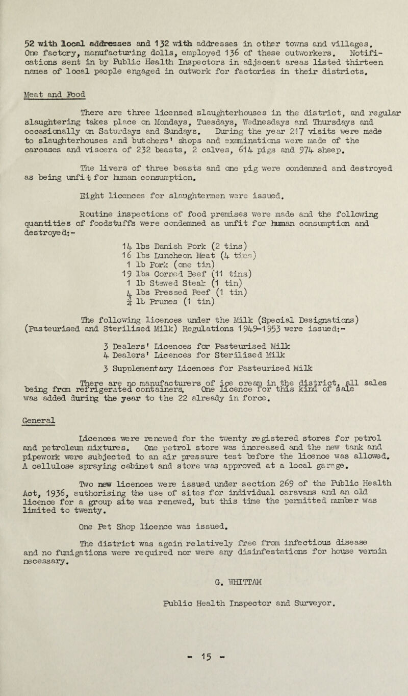 52 with local addresses and 132 with addresses in other towns and villages. One factory, manufacturing dolls, employed 136 of these outworkers. Notifi¬ cations sent in by Public Health Inspectors in adjacent areas listed thirteen names of local people engaged in outwork for factories in their districts. Meat and Pood There are three licensed slaughterhouses in the district, and regular slaughtering takes place on Mondays, Tuesdays, Wednesdays and Thursdays and occasionally on Saturdays and Sundays. Hiring the year 217 visits were made to slaughterhouses and butchers’ shops and examinations were made of the carcases and viscera of 232 beasts, 2 calves, 614 pigs and 974 sheep. The livers of three beasts and one pig were condemned and destroyed as being unfi t f or human consumption. Eight licences for slaughtermen were issued. Routine inspections of food premises were made and the following quantities of foodstuffs were condemned as unfit for human consumption and destroys d:- 14 lbs Danish Pork (2 tins) 16 lbs Luncheon Meat (4 tins) 1 lb Fork (one tin) 19 lbs Corned Beef 61 i tins) 1 lb Stewed Steak (1 tin) 4 lbs Pressed Peef (1 tin) 4 lb Prunes (1 tin) The following licences under the Milk (Special Designations) (Pasteurised and Sterilised Milk) Regulations 1949-1953 were issued;- 3 Dealers' Licences for Pasteurised Milk 4 Dealers’ Licences for Sterilised Milk 3 Supplementary Licences for Pasteurised Milk There are no manufacturers of ice cream in the district, all sales being fron refrigerated containers. One licence for this kind of sale was added during the year to the 22 already in force. General Licences were renewed for the twenty registered stores for petrol and petroleum mixtures. One petrol store was increased and the new tank and pipework were subjected to an air pressure test before the licence was allowed. A cellulose spraying cabinet and store was approved at a local garage. Two new licences were issued under section 269 of the Public Health Act, 1936, authorising the use of sites for individual caravans and an old licence for a group site was renewed, but this time the permitted number was limited to twenty. One Bet Shop licence was issued. The district was again relatively free from infectious disease and no fumigations were required nor were any disinfestations for house vermin necessary. G. WHITTAM Public Health Inspector and Surveyor.