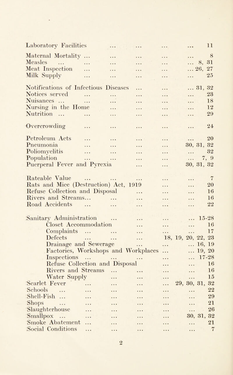 Maternal Mortality ... 8 Measles ... 8, 31 Meat Inspection ... 26, 27 Milk Supply 25 Notifications of Infectious Diseases ... 31, 32 Notices served 23 Nuisances ... 18 Nursing in the Home 12 Nutrition ... 29 Overcrowding 24 Petroleum Acts 20 Pneumonia 30, 31, 32 Poliomyelitis 32 Population ... 7, 9 Puerperal Fever and Pyrexia 30, 31, 32 Rateable Value 7 Rats and Mice (Destruction) Act, 1919 20 Refuse Collection and Disposal 16 Rivers and Streams... 16 Road Accidents 22 Sanitary Administration ... 15-28 Closet Accommodation 16 Complaints 17 Defects 18, 19, 20, 22, 23 Drainage and Sewerage ... 16, 19 Factories, Workshops and Workplaces ... 19, 20 Inspections ... 17-28 Refuse Collection and Disposal 16 Rivers and Streams 16 Water Supply 15 Scarlet Fever ... 29, 30, 31, 32 Schools 22 Shell-Fish ... 29 Shops 21 Slaughterhouse 26 Smallpox ... 30,31,32 Smoke Abatement ... 91 • • • • • • M -L Social Conditions 7 • • « • • • « 2
