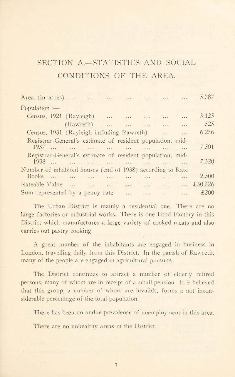 SECTION A.—STATISTICS AND SOCIAI CONDITIONS OF THE AREA. Area (in acres) ... Population : — Census, 1921 (Rayleigh) (Rawreth) Census, 1931 (Rayleigh including Rawreth) Registrar-General’s estimate of resident population, mid- 1937 j- ^ / ••• ••• ••• ••• Registrar-General’s estimate of resident population, mid- X ^ ••• •r* ••• Number of inhabited houses (end of 1938) according to Rate 13 o o 1^ s ... ... ... ... ... ... ... ... Rateable Value ... ... ... ... ... ... ... £50,526 Sum represented by a penny rate ... ... ... ... £200 The Urban District is mainly a residential one. There are no large factories or industrial works. There is one Food Factory in this District which manufactures a large variety of cooked meats and also carries out pastry cooking. A great number of the inhabitants are engaged in business in London, travelling daily from this District. In the parish of Rawreth, many of the people are engaged in agricultural pursuits. The District continues to attract a number of elderly retired persons, many of whom are in receipt of a small pension. It is believed that this group, a number of whom are invalids, forms a not incon¬ siderable percentage of the total population. There has been no undue prevalence of unemployment in this area. There are no unhealthy areas in the District. 5,787 3,125 525 6,256 7,501 7,520 2,500