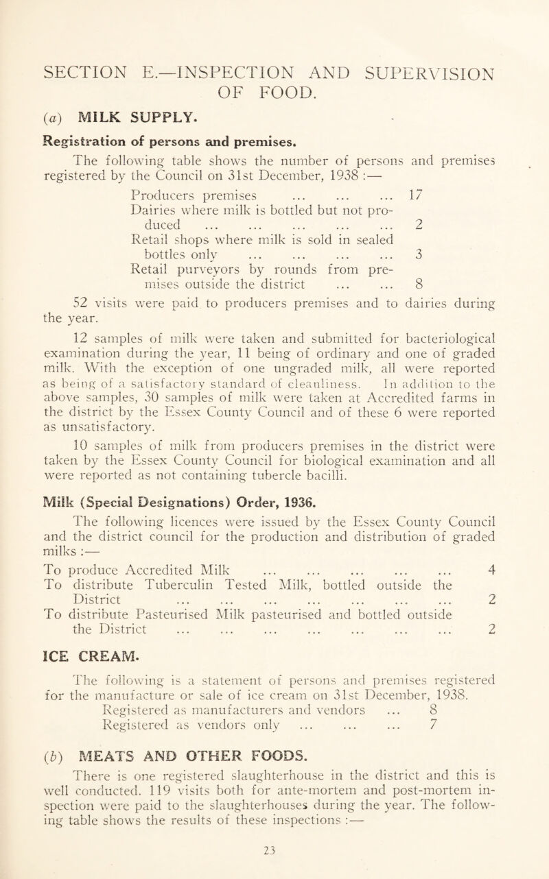 SECTION E.—INSPECTION AND SUPERVISION OF FOOD. (a) MILK SUPPLY. Registration of persons and premises. The following table shows the number of persons and premises registered by the Council on 31st December, 1938 :— Producers premises ... ... ... 17 Dairies where milk is bottled but not pro¬ duced ... ... ... ... ... 2 Retail shops where milk is sold in sealed bottles only ... ... ... ... 3 Retail purveyors by rounds from pre¬ mises outside the district ... ... 8 52 visits were paid to producers premises and to dairies during the year. 12 samples of milk were taken and submitted for bacteriological examination during the year, 11 being of ordinary and one of graded milk. With the exception of one ungraded milk, all were reported as being of a satisfactory standard of cleanliness. In addition to the above samples, 30 samples of milk were taken at Accredited farms in the district by the Essex County Council and of these 6 were reported as unsatisfactory. 10 samples of milk from producers premises in the district were taken by the Essex County Council for biological examination and all were reported as not containing tubercle bacilli. Milk (Special Designations) Order, 1936. The following licences were issued by the Essex County Council and the district council for the production and distribution of graded milks :— To produce Accredited Milk ... ... ... ... ... 4 To distribute Tuberculin Tested Milk, bottled outside the District ... ... ... ... ... ... ... 2 To distribute Pasteurised Milk pasteurised and bottled outside the District ... ... ... ... ... ... ... 2 ICE CREAM. The following is a statement of persons and premises registered for the manufacture or sale of ice cream on 31st December, 1938. Registered as manufacturers and vendors ... 8 Registered as vendors only ... ... ... 7 (b) MEATS AND OTHER FOODS. There is one registered slaughterhouse in the district and this is well conducted. 119 visits both for ante-mortem and post-mortem in¬ spection were paid to the slaughterhouses during the year. The follow¬ ing table shows the results of these inspections : —