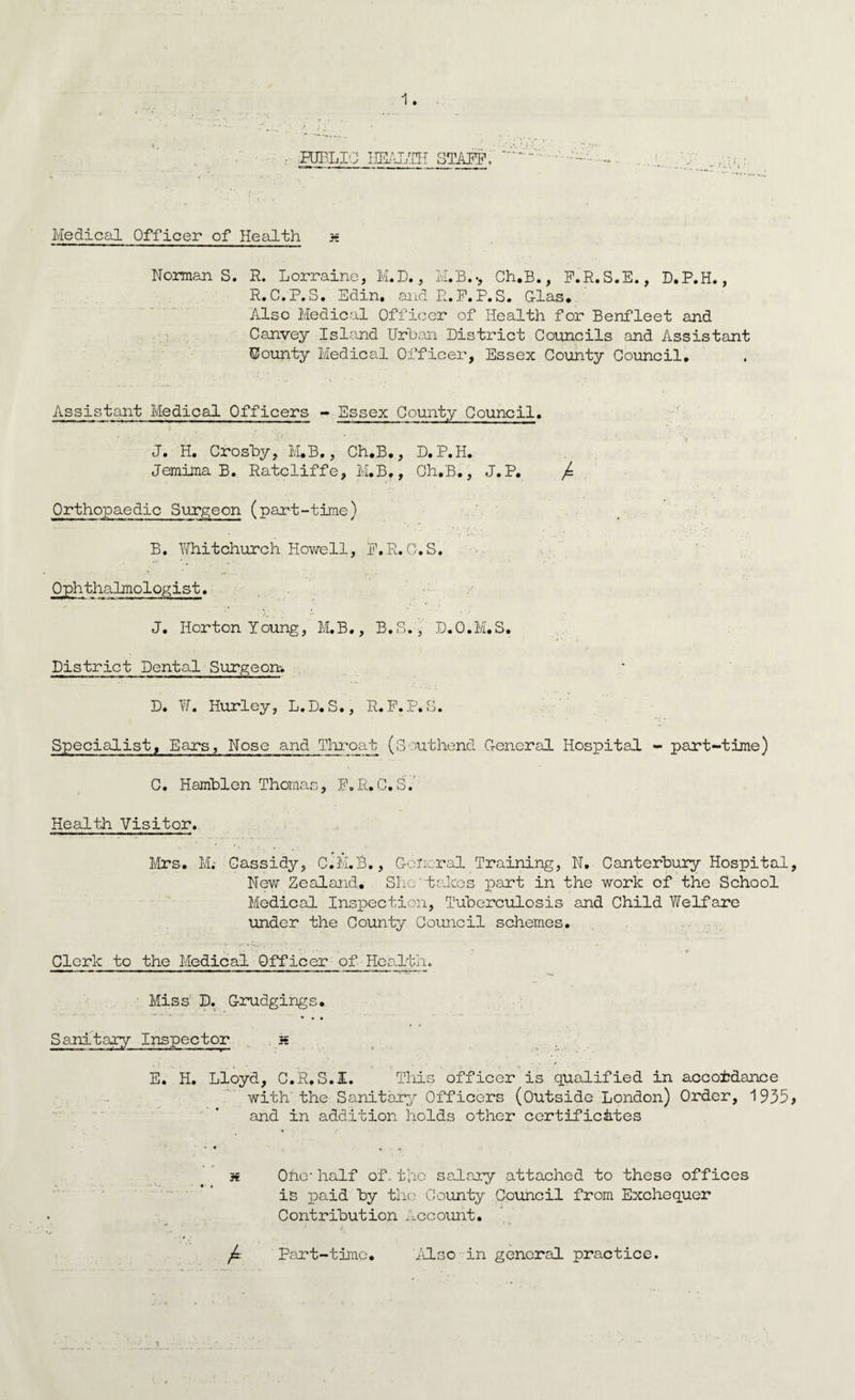 PUBLIC IJEALTH STAFF, Medical Officer of Health * NormanS. R. Lorraine, M.D., M.B.-, Ch.B., F.R.S.E., D.P.H., R.C.P.S. Edin. and E.P.P.S. Glas. Also Medical Officer of Health for Benfleet and Canvey Island Urban District Councils and Assistant County Medical Officer, Essex County Council, Assistant Medical Officers “Essex County Council. • • • • •’ ( ' • J. H. Crosby, M.B,, Ch.B., D.P.H. Jemima B. Ratcliffe, M.B., Ch.B., J.P. ^ Orthopaedic Surgeon (part-time) B. Whitchurch Howell, F.R.O.S, Ophthahiiologist. J. Horton Young, M.B., B.S., D.O.M.S. District Dental Surgeon-. D. W. Hurley, L.D.S., R.F.P.S. Specialist, Ears, Nose and Throat (Southend General Hospital - part-time) C. Hamblen Thomas, F.R.C.S. Health Visitor. Mrs. M; Cassidy, C.M.B,, General Training, N. Canterbury Hospital, New Zealand. She ta. Ices part in the work of the School Medical Inspection, Tuberculosis and Child Y/elfare under the County Council schemes. Clerk to the Medical Officer of Health„ Miss D. Grudgings. * * • Sanitary Inspector h E. H. Lloyd, C.R.S.J. This officer is qualified in accordance with' the Sanitary Officers (Outside London) Order, 1935> and in addition holds other certificates a Ohe- half of. the salary attached to these offices is paid by the County Council from Exchequer Contribution Account. Part-time. Also in general practice.